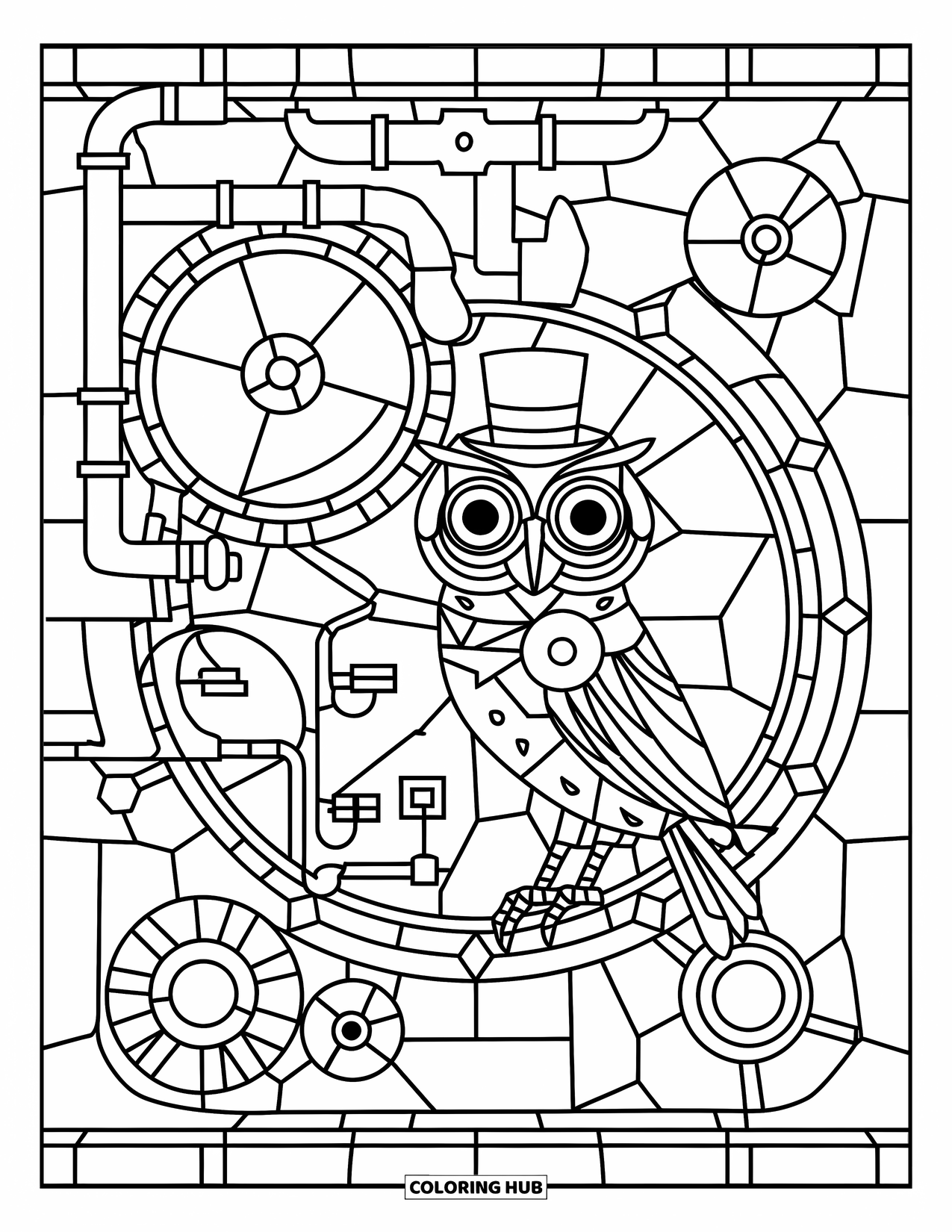 Buntglas Ausmalbild für Kinder: Eule mit Zylinder zwischen Buntglaszahnrädern und -rohren