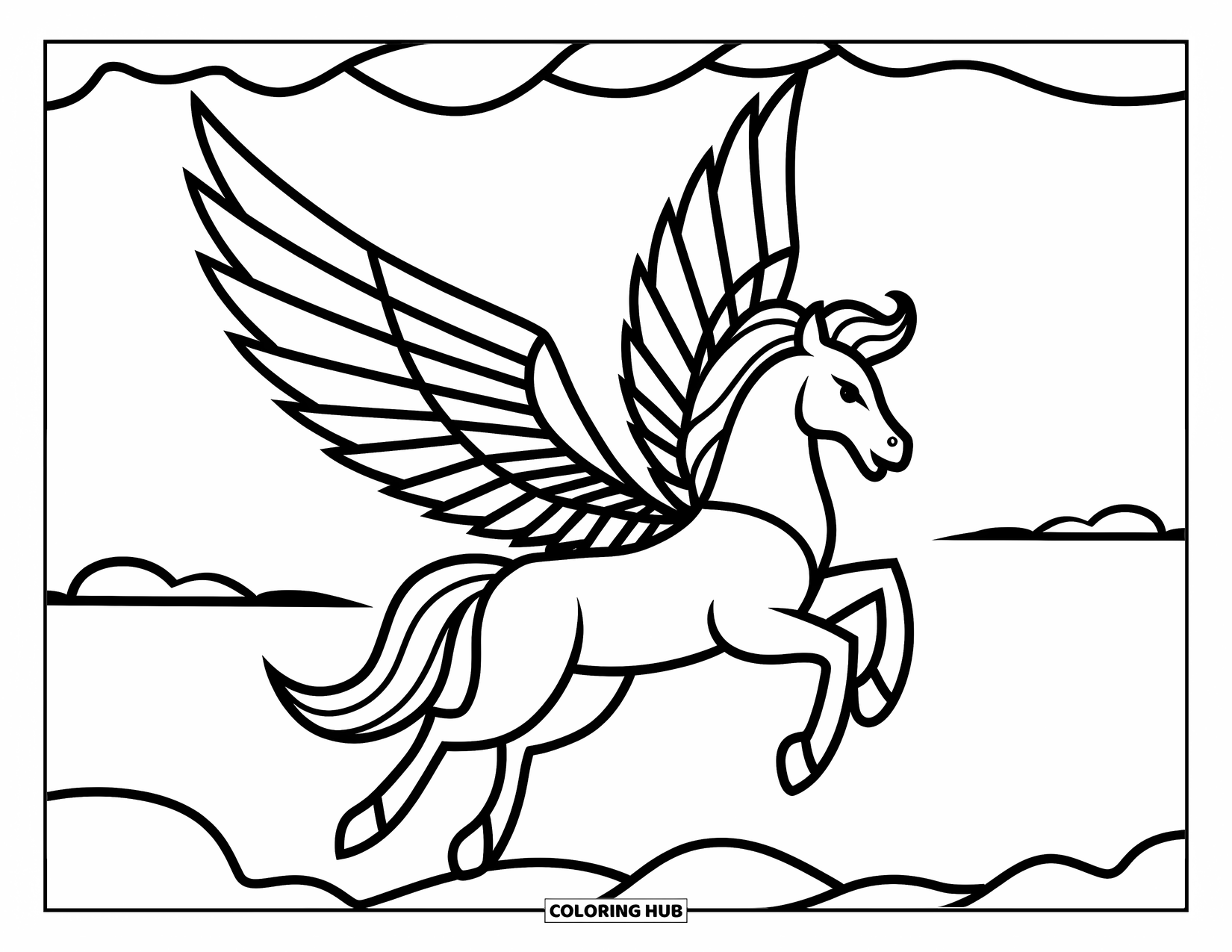Buntglas Ausmalbild für Kinder: Pegasus schwebt durch einen Buntglashimmel mit kräftigen, geschichteten Flügeln