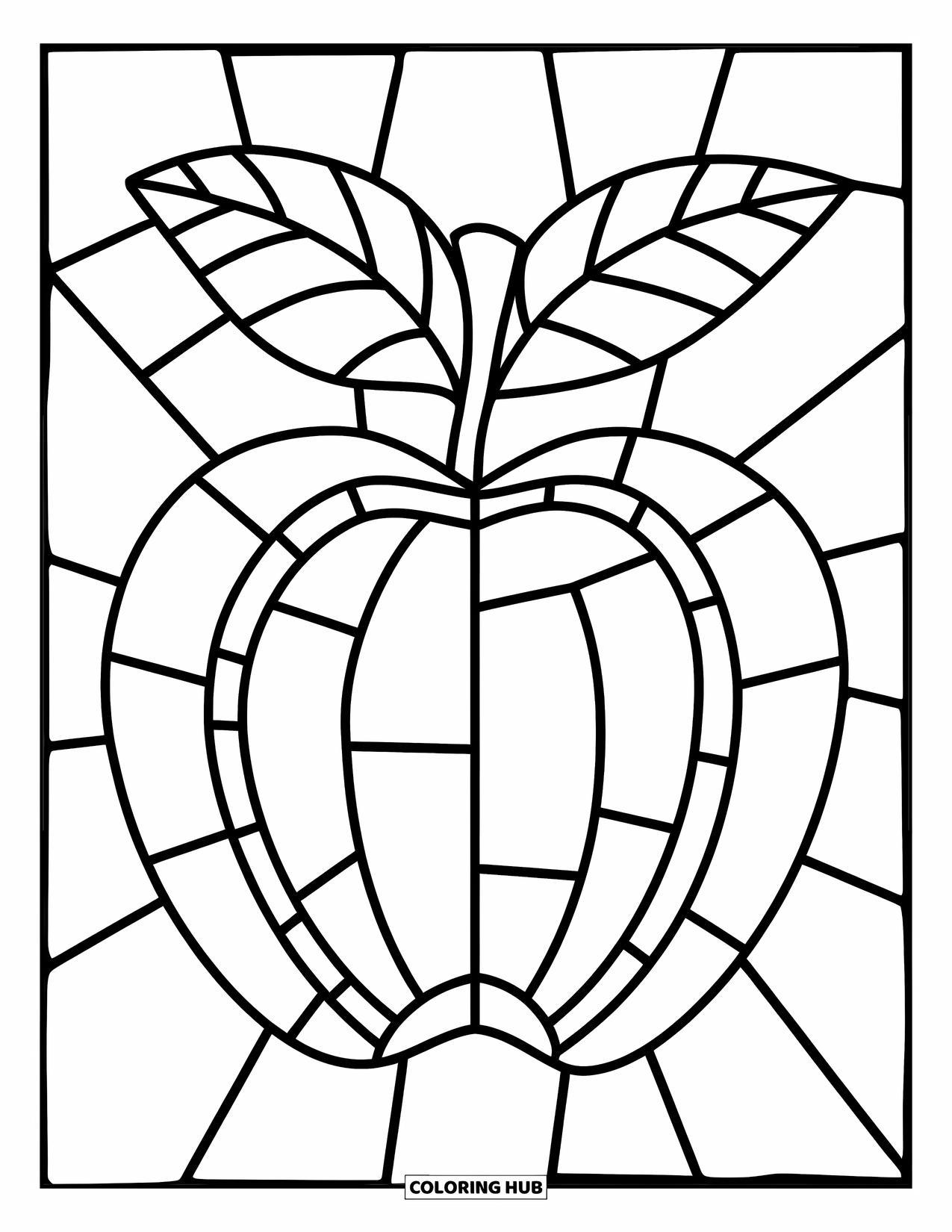 Buntglas Ausmalbild für Kinder: Verspielter Buntglasapfel mit kräftigen Linien und klobigen Formen