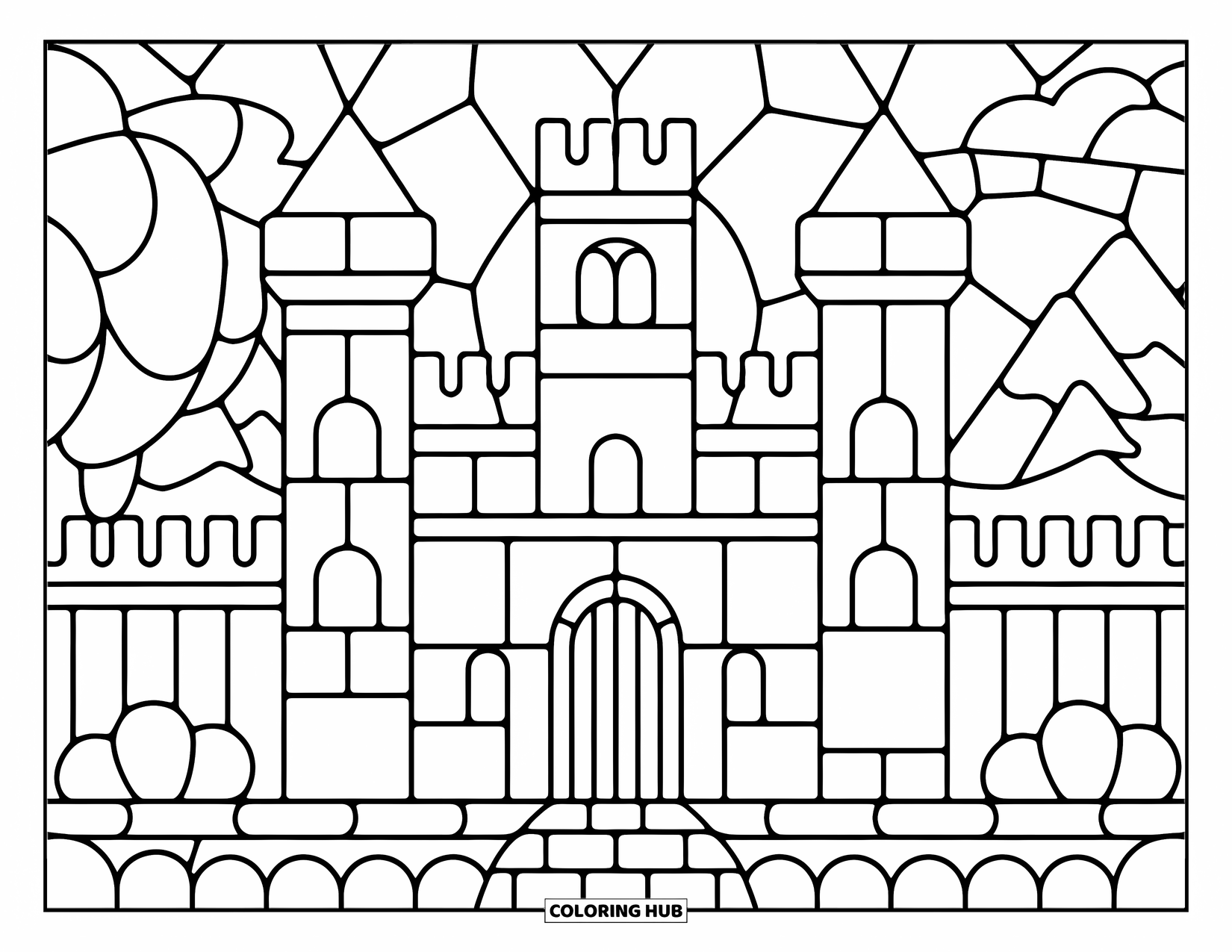 Buntglas Ausmalbild für Kinder: Verspielte Buntglasburg mit Zugbrücke und malerischen Hügeln