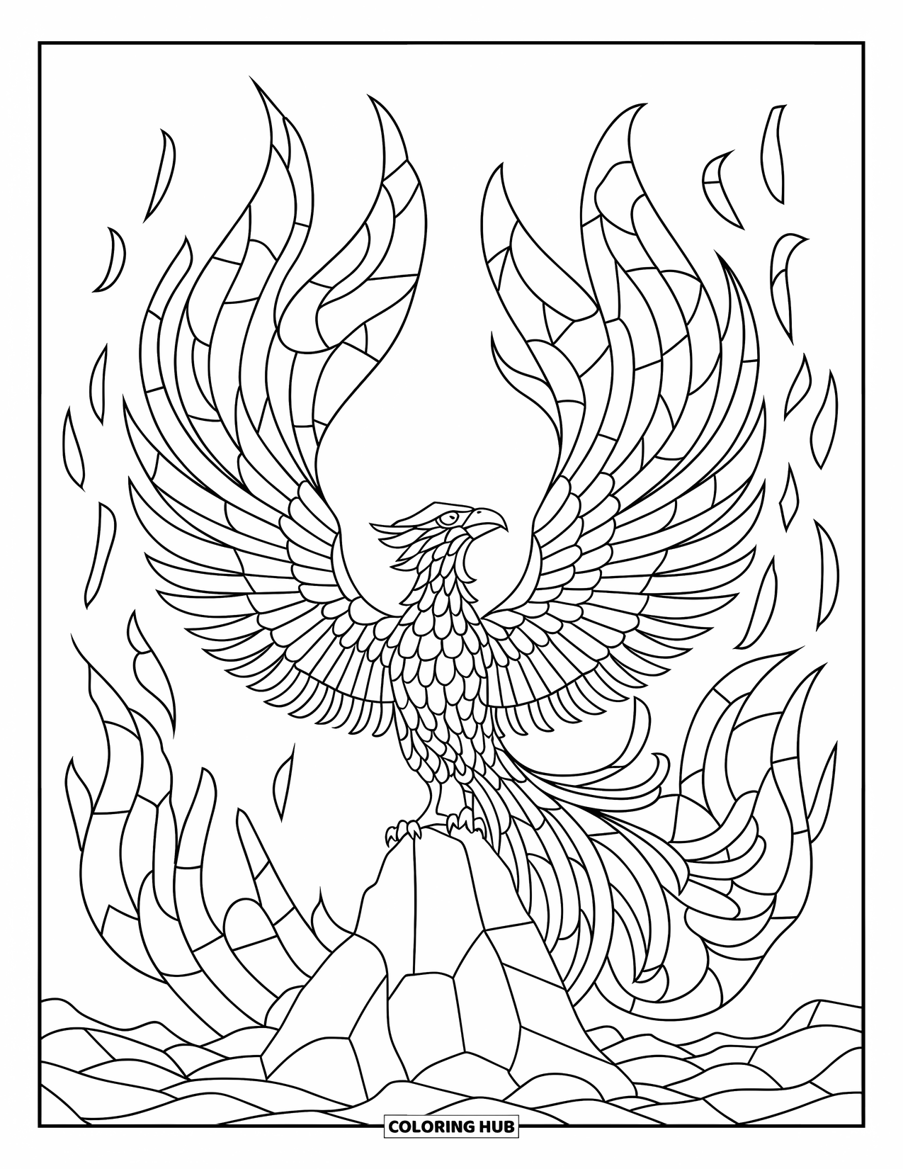 Buntglas Ausmalbild für Kinder: Aufsteigender Phönix auf einem Felsen in Buntglasflammen