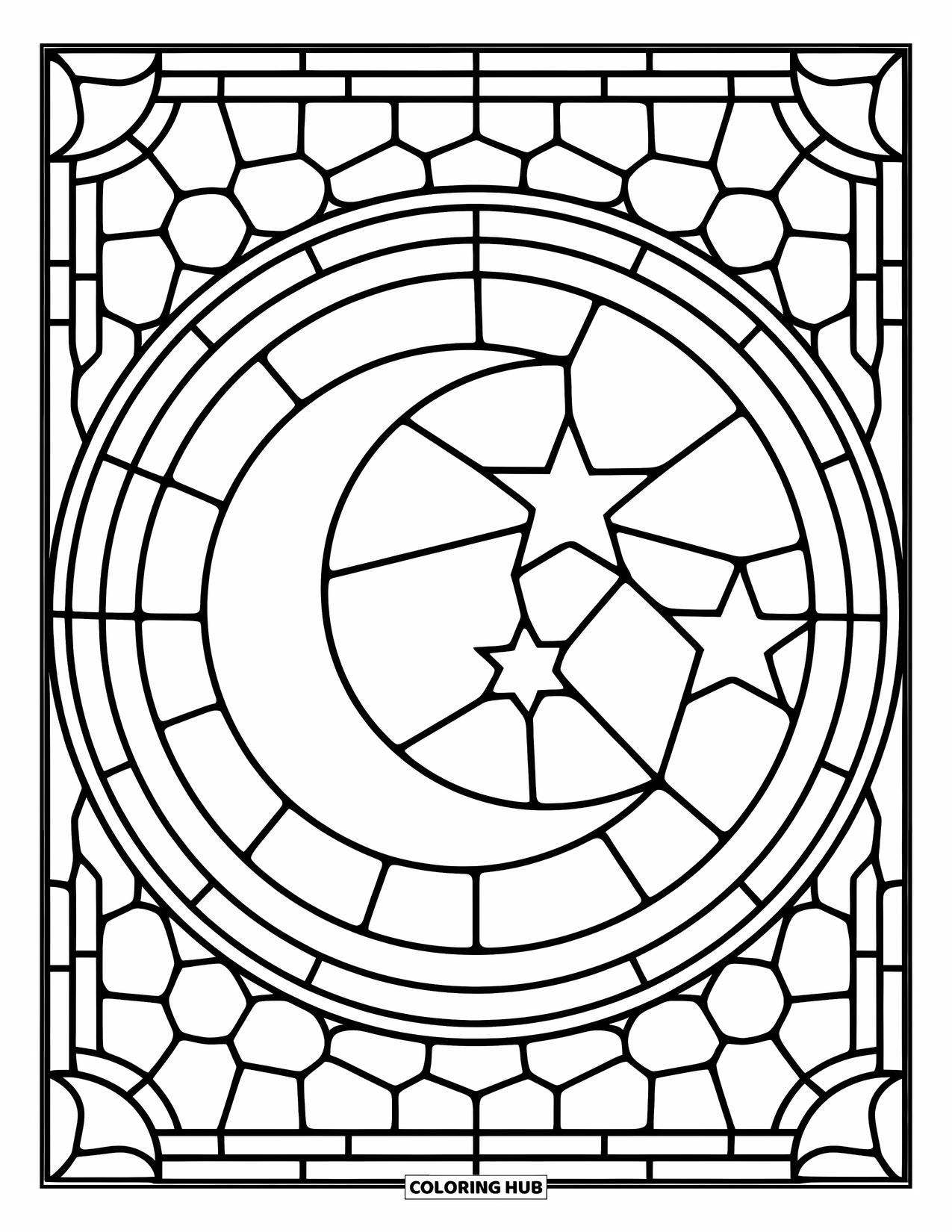 Buntglas Ausmalbild für Kinder: Runder Buntglasrahmen mit einem Mond und funkelnden Sternen