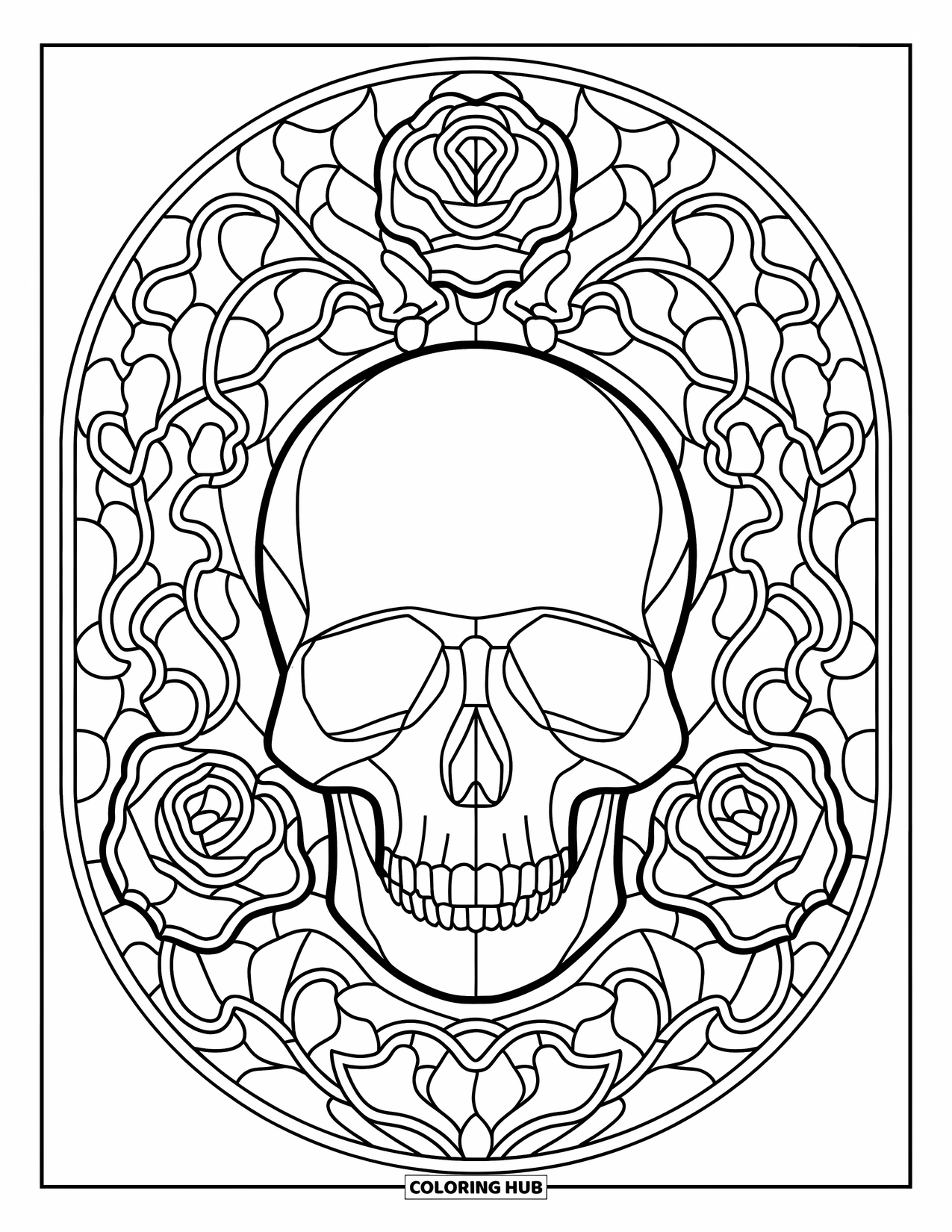 Buntglas Ausmalbild für Kinder: Runder Buntglasschädel mit Rosen und gewundenen Ranken