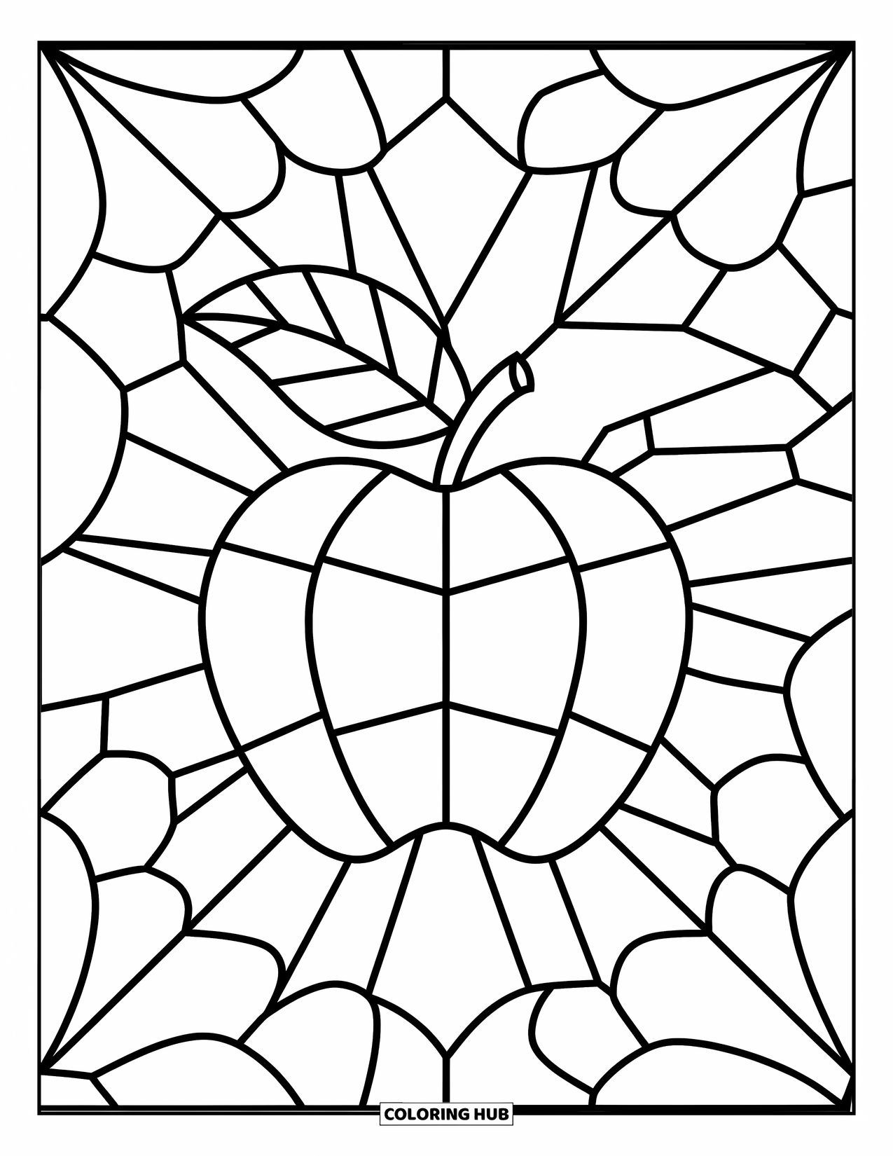 Buntglas Ausmalbild für Kinder: Segmentierter Buntglasapfel mit großen Blättern und kräftigen Formen