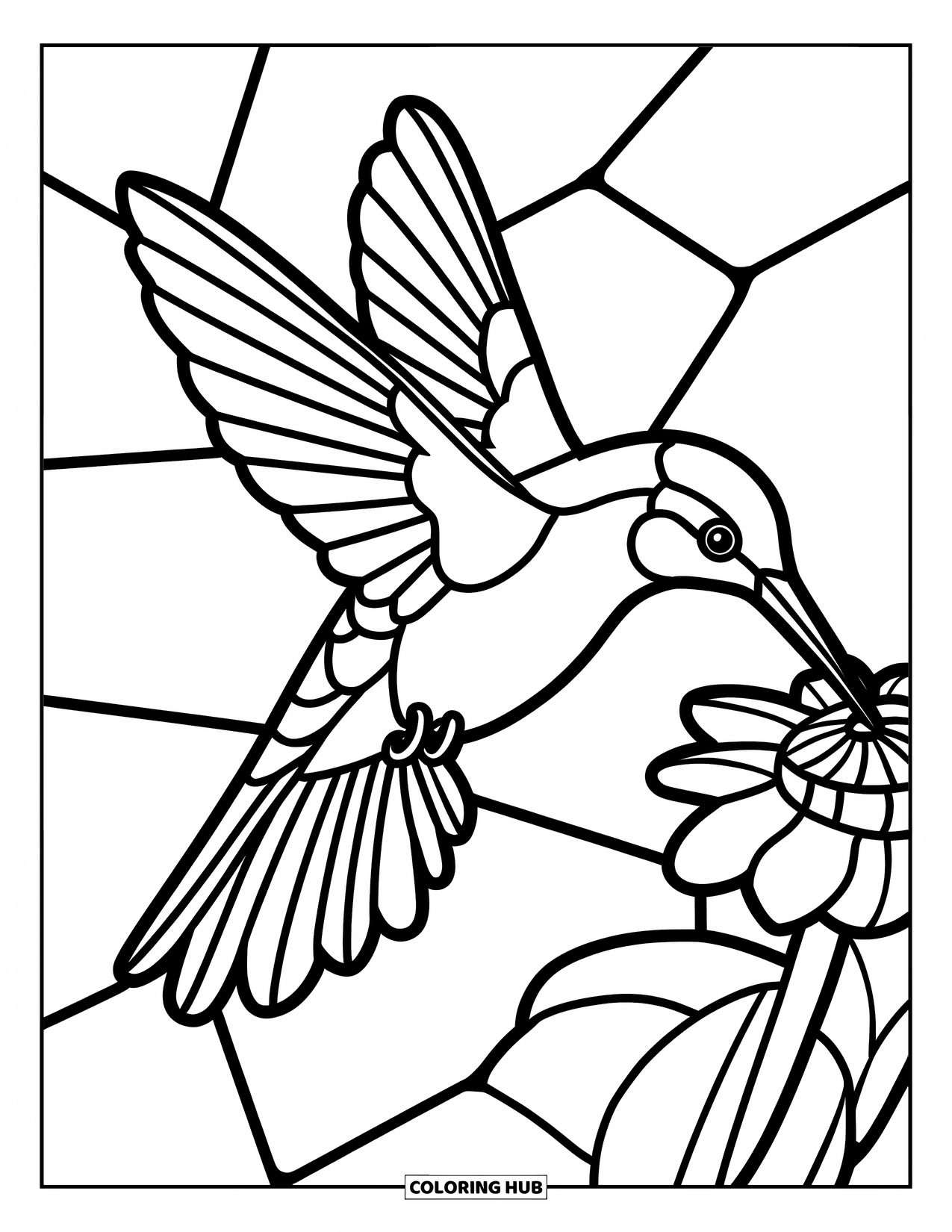 Buntglas Ausmalbild für Kinder: Einfacher Buntglaskolibri mit gemusterten Blütenblättern und Flügeln