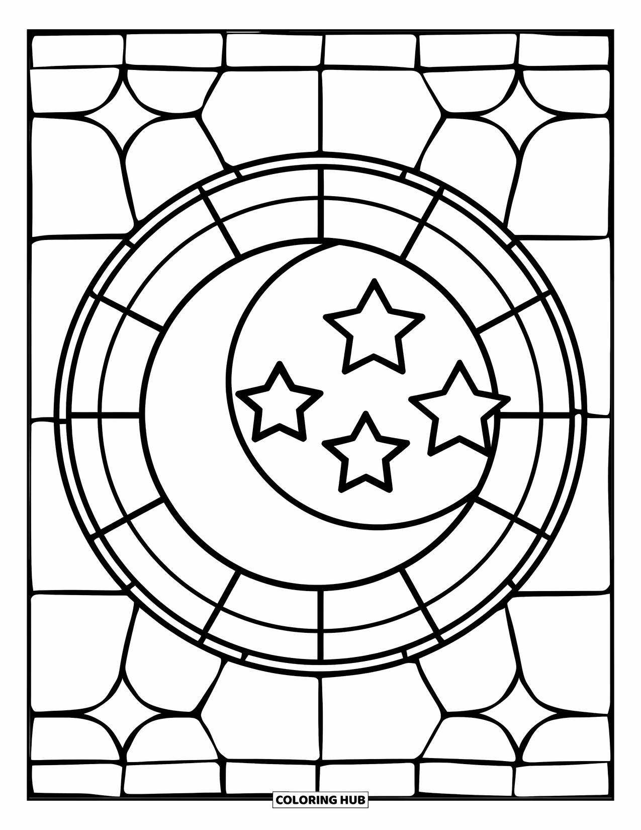 Buntglas Ausmalbild für Kinder: Einfacher Buntglasmond und Sterne in einem fröhlichen Kreis