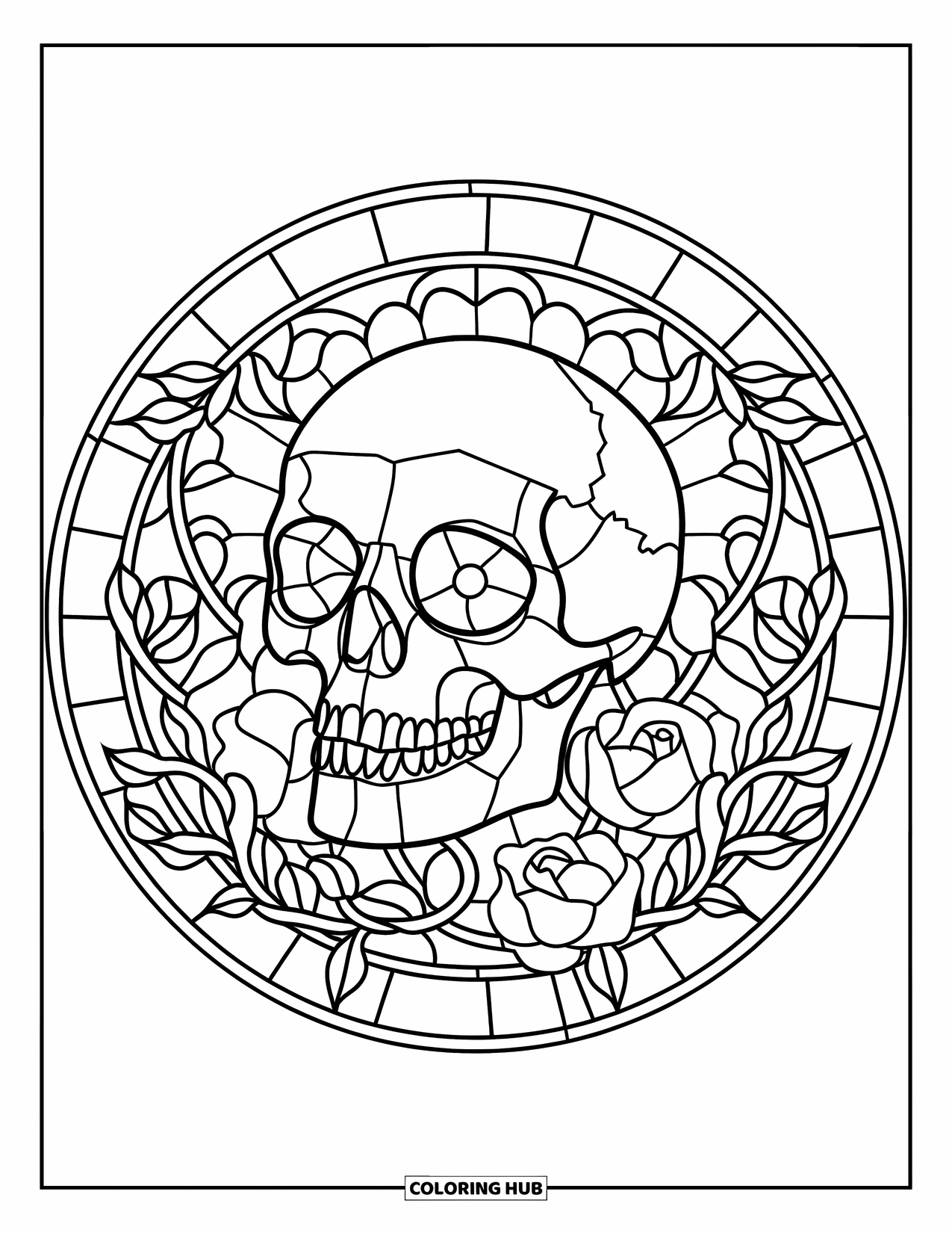 Buntglas Ausmalbild für Kinder: Schädel, der in Ranken und Rosen innerhalb eines Buntglaskreises gerahmt ist