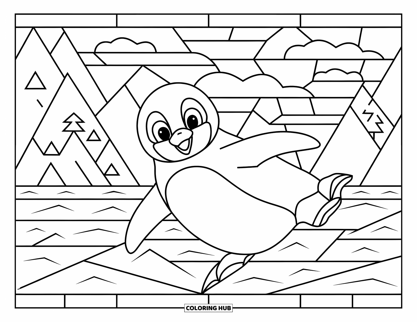 Buntglas Ausmalbild für Kinder: Lächelnder Buntglaspinguin gleitet durch eine eisige Himmelsfeld-Szene