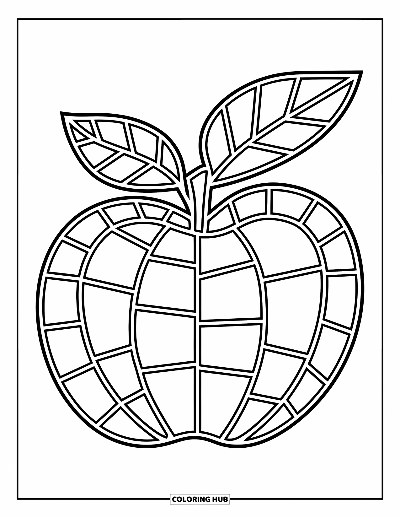 Buntglas Ausmalbild für Kinder: Buntglasapfel mit belaubten Zweigen und einfach auszumalenden Abschnitten