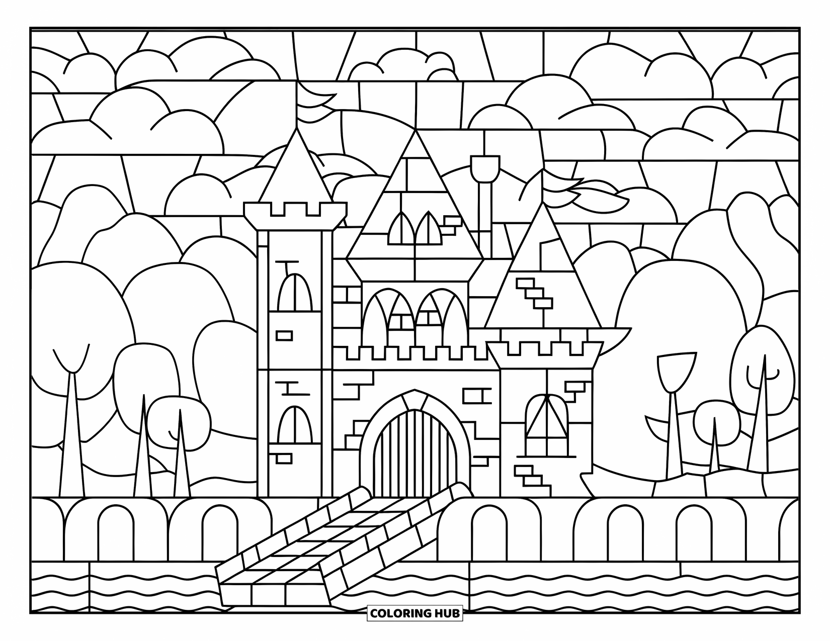 Buntglas Ausmalbild für Kinder: Buntglasburg mit Wolken, Bäumen und einer Zugbrücke