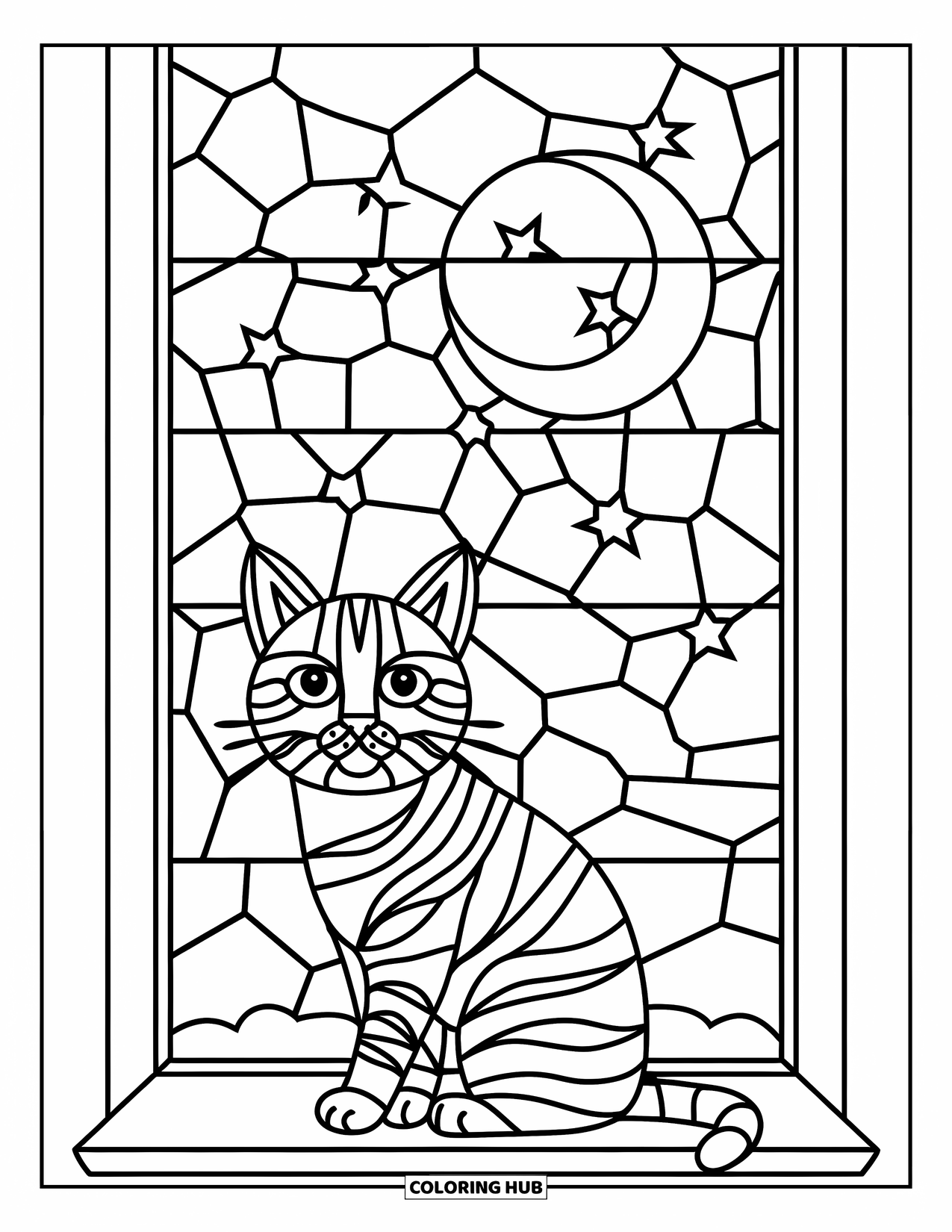 Buntglas Ausmalbild für Kinder: Buntglaskatze auf einer Fensterbank unter einem sternenklaren Mond