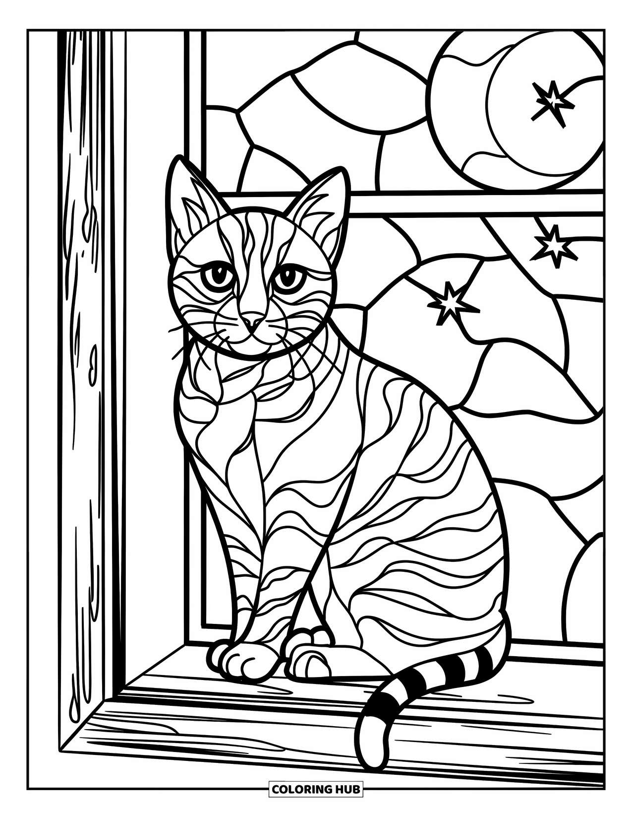 Buntglas Ausmalbild für Kinder: Buntglaskatze, die auf einem Holzsims mit Nachthimmel sitzt