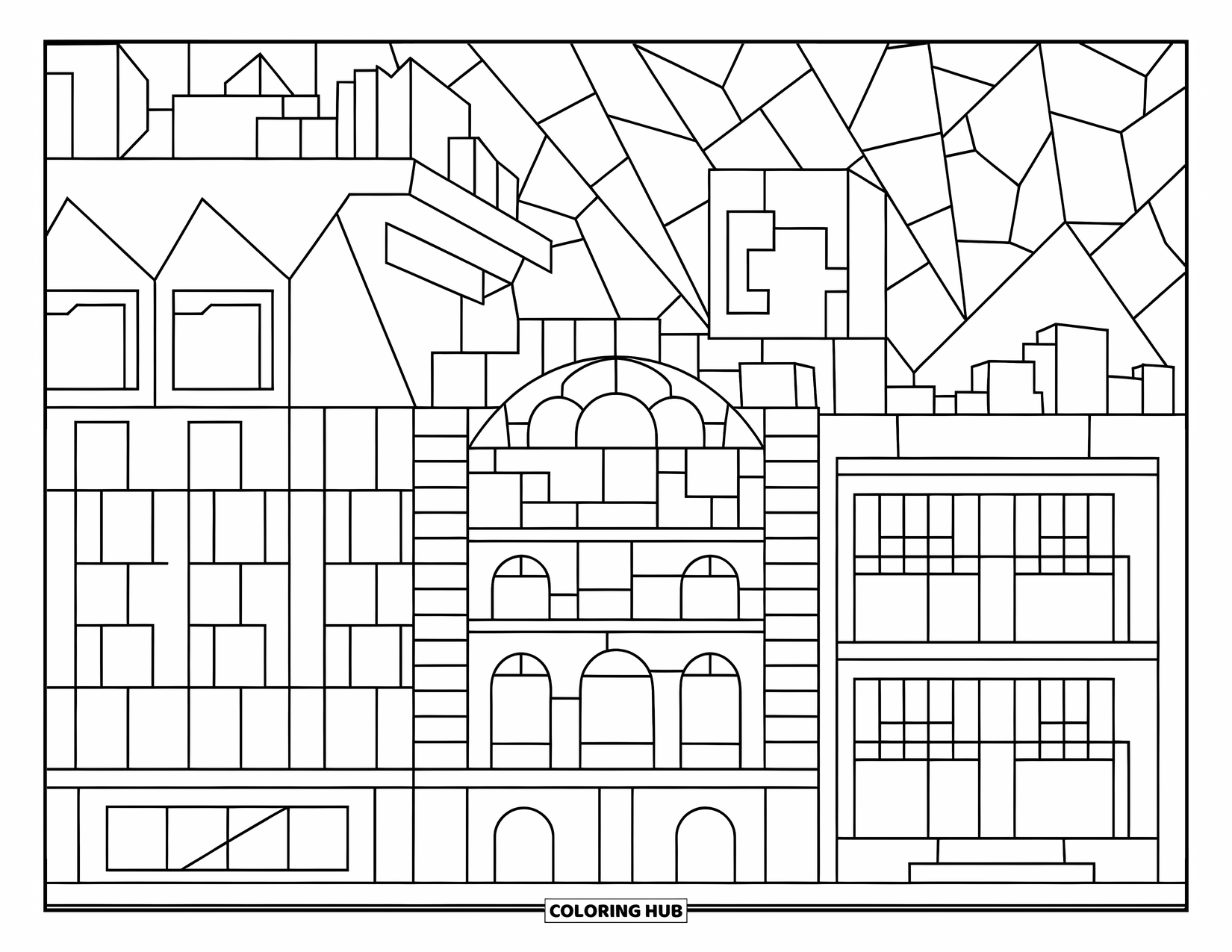 Buntglas Ausmalbild für Kinder: Buntglas-Skyline der Stadt, die mit Fenstern unter einem Sternenhimmel leuchtet