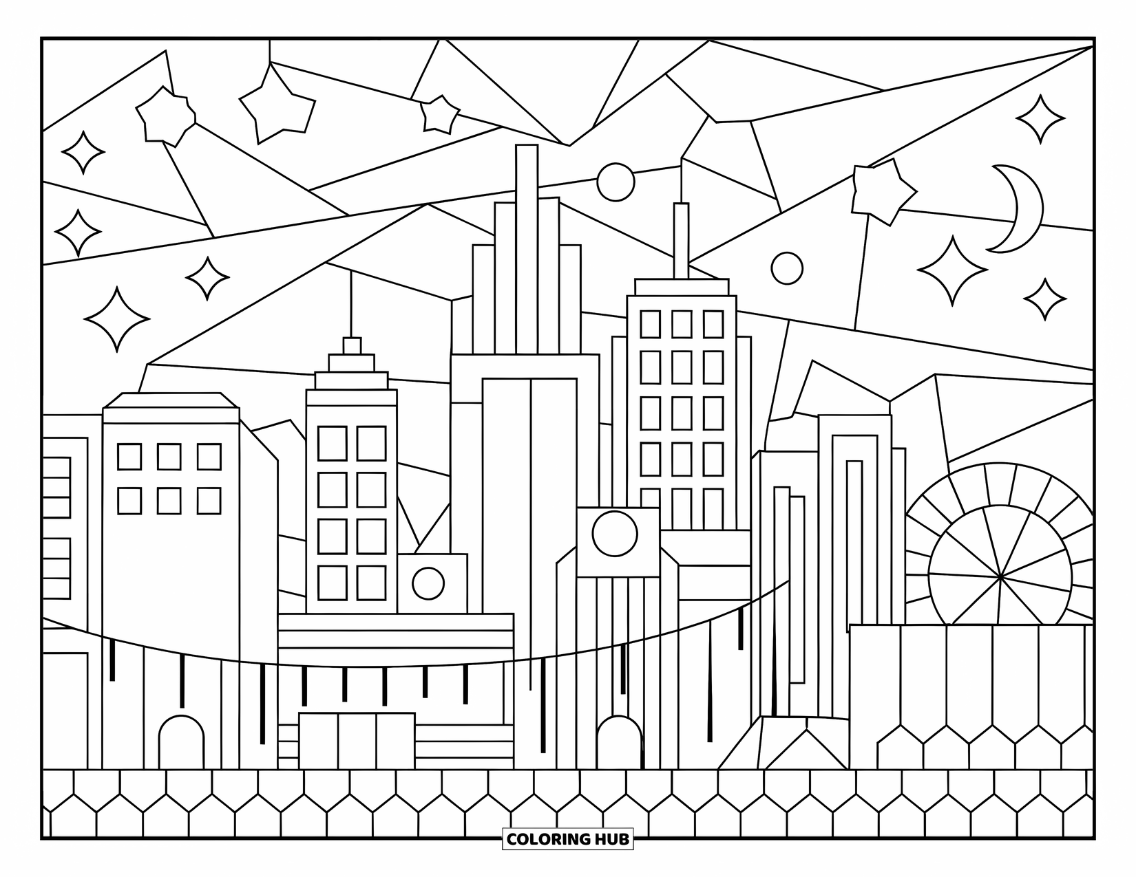 Buntglas Ausmalbild für Kinder: Buntglasstadt mit Gebäuden, Riesenrad und Mondsichel