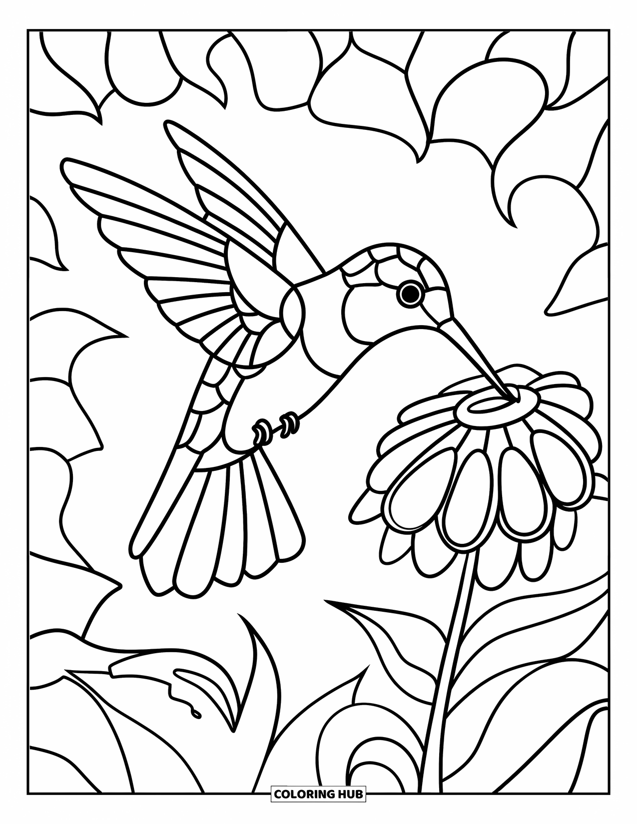 Buntglas Ausmalbild für Kinder: Buntglaskolibri, der in einem Wald von einer Blume trinkt