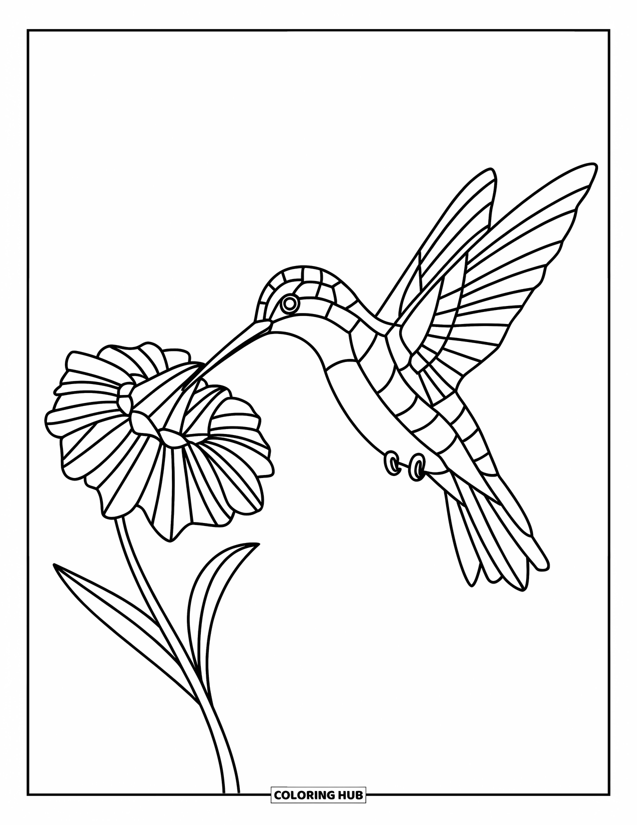 Buntglas Ausmalbild für Kinder: Buntglaskolibri, der sich von einer segmentierten Blume ernährt