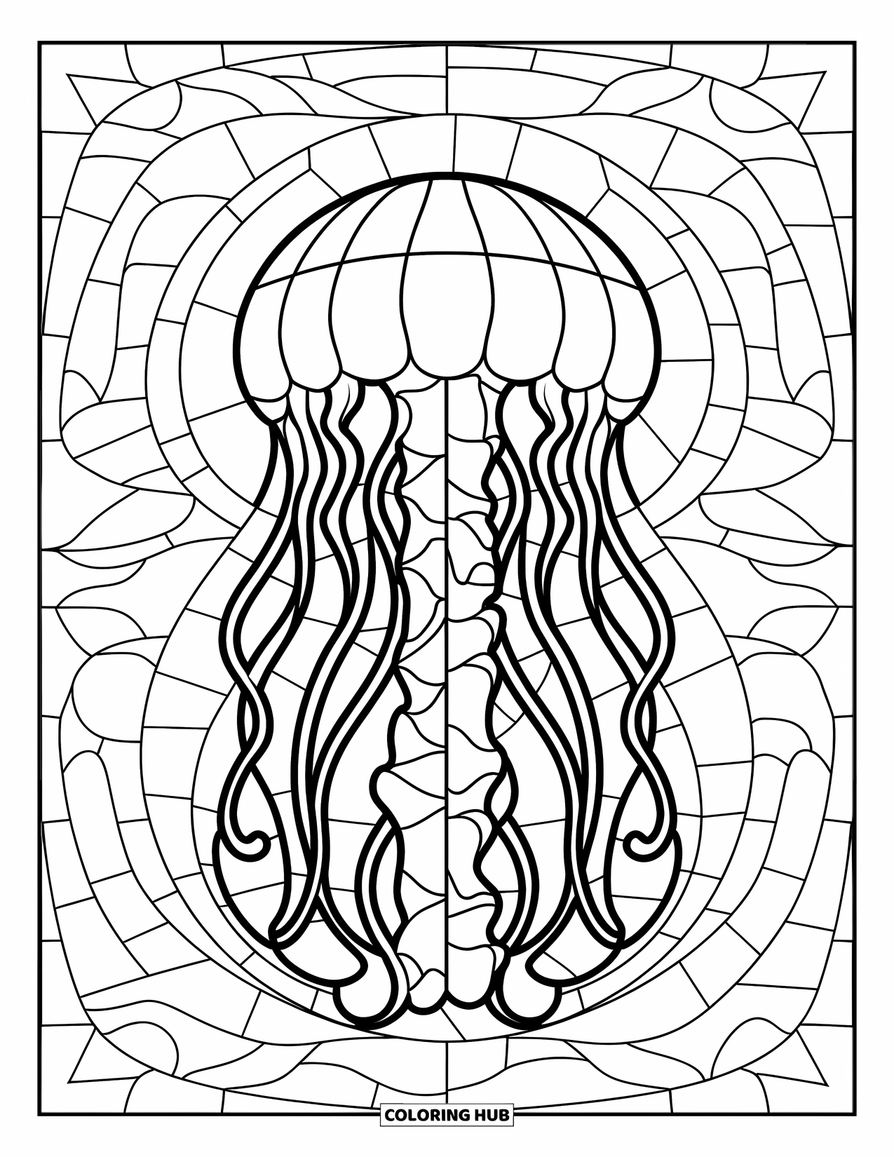 Buntglas Ausmalbild für Kinder: Buntglasqualle mit langen Tentakeln und kräftigen, wirbelnden Linien