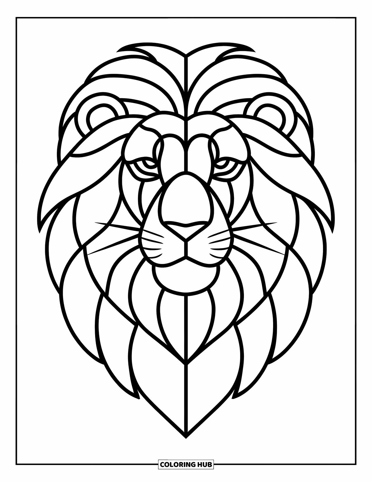 Buntglas Ausmalbild für Kinder: Buntglas-Löwengesicht mit aufwendiger Mähne und sanften Augen