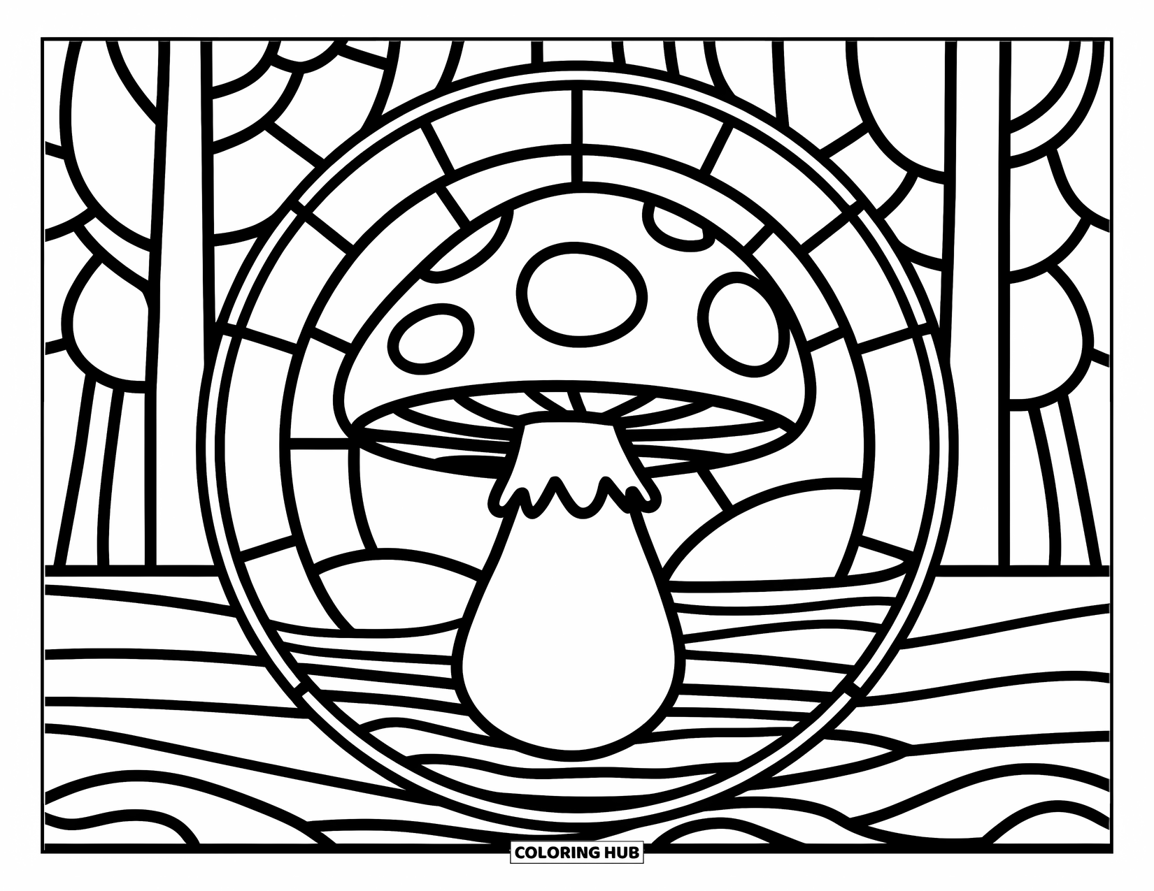 Buntglas Ausmalbild für Kinder: Buntglaspilz auf einem Baumstamm mit Bäumen im Hintergrund