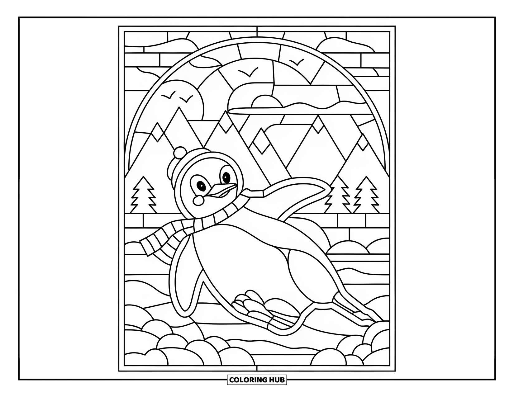 Buntglas Ausmalbild für Kinder: Buntglaspinguin mit Schal gleitet an Bäumen und Vögeln vorbei