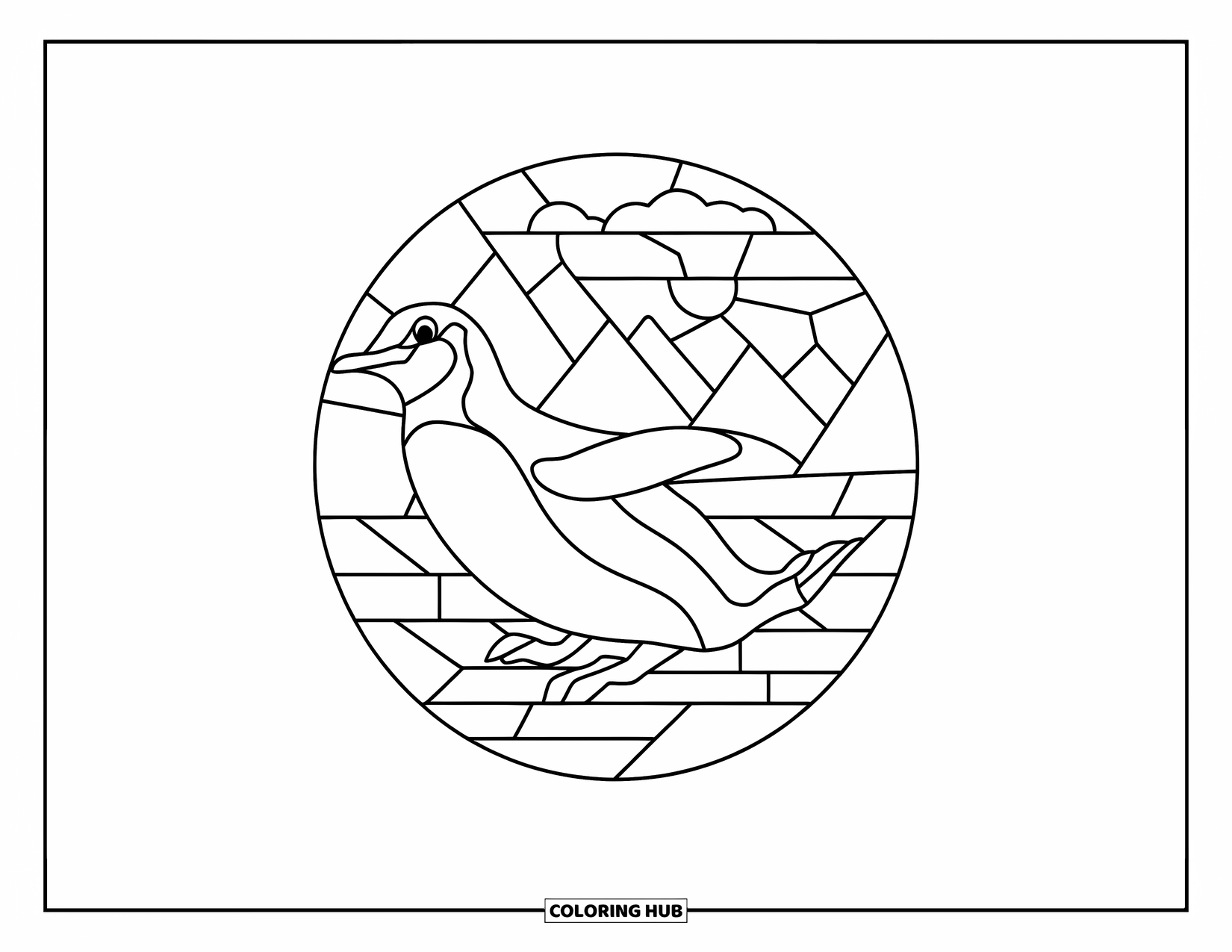 Buntglas Ausmalbild für Kinder: Buntglaspinguin, der auf Eis mit Bergblick gleitet
