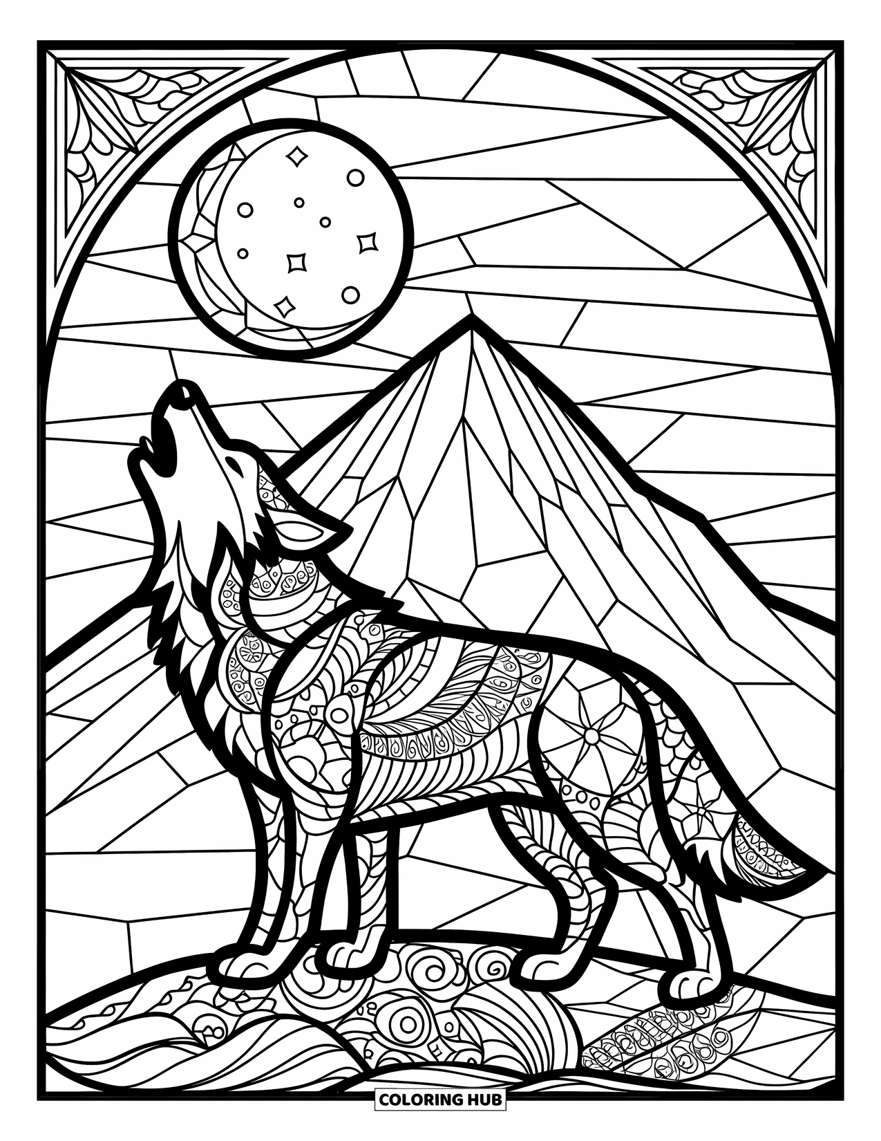 Buntglas Ausmalbild für Kinder: Buntglaswolf mit Mustern, der einen leuchtenden Mond anheult
