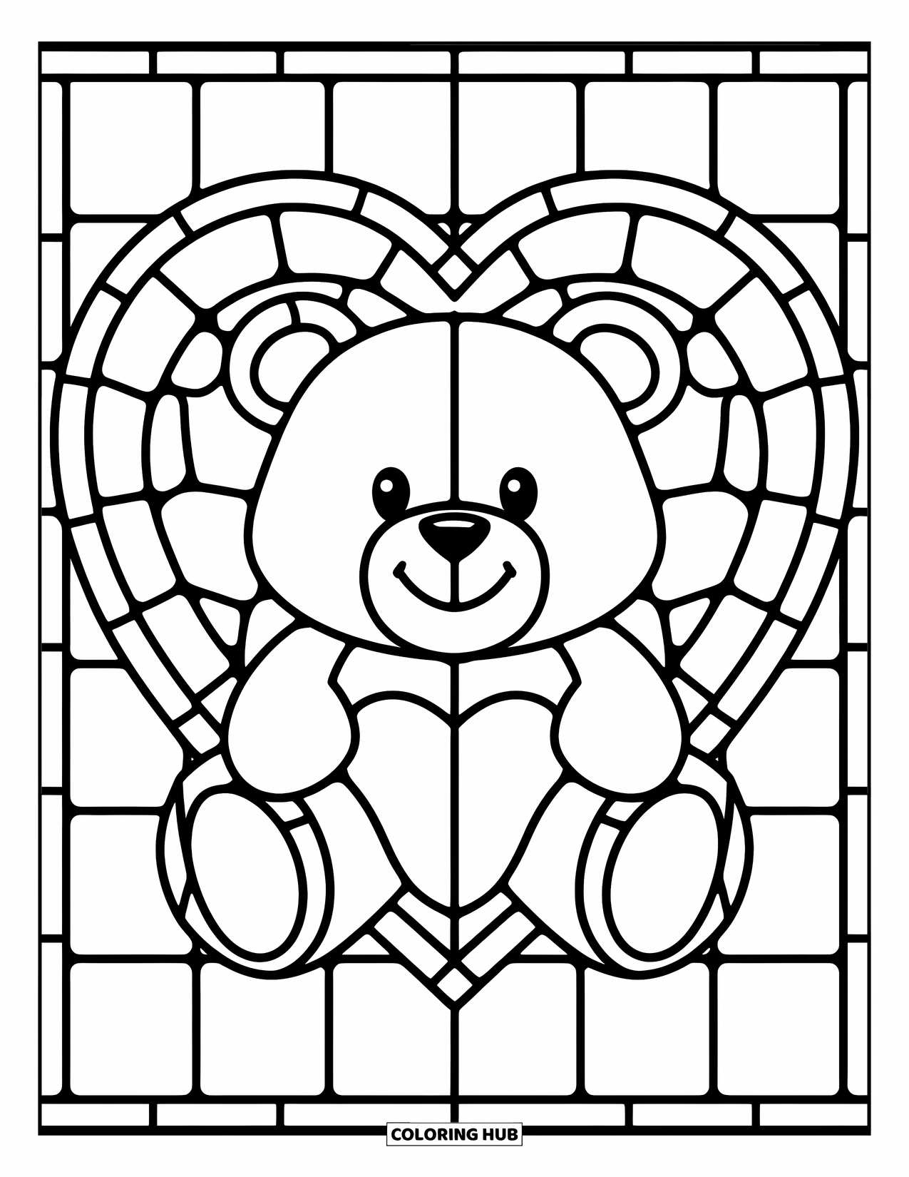 Buntglas Ausmalbild für Kinder: Teddybär in einem Buntglasherzrahmen mit einem sanften Lächeln
