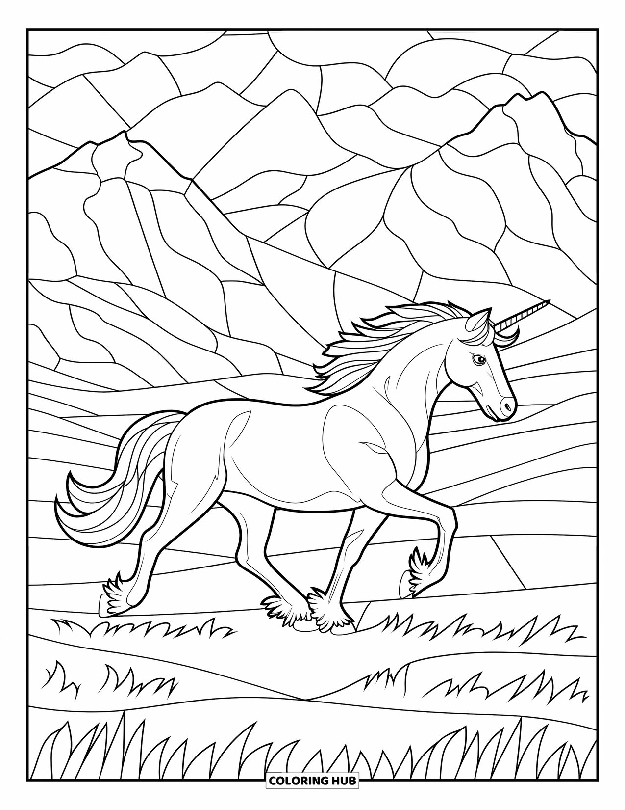 Buntglas Ausmalbild für Kinder: Trabendes Buntglaseinhorn über Felder und Bergblick