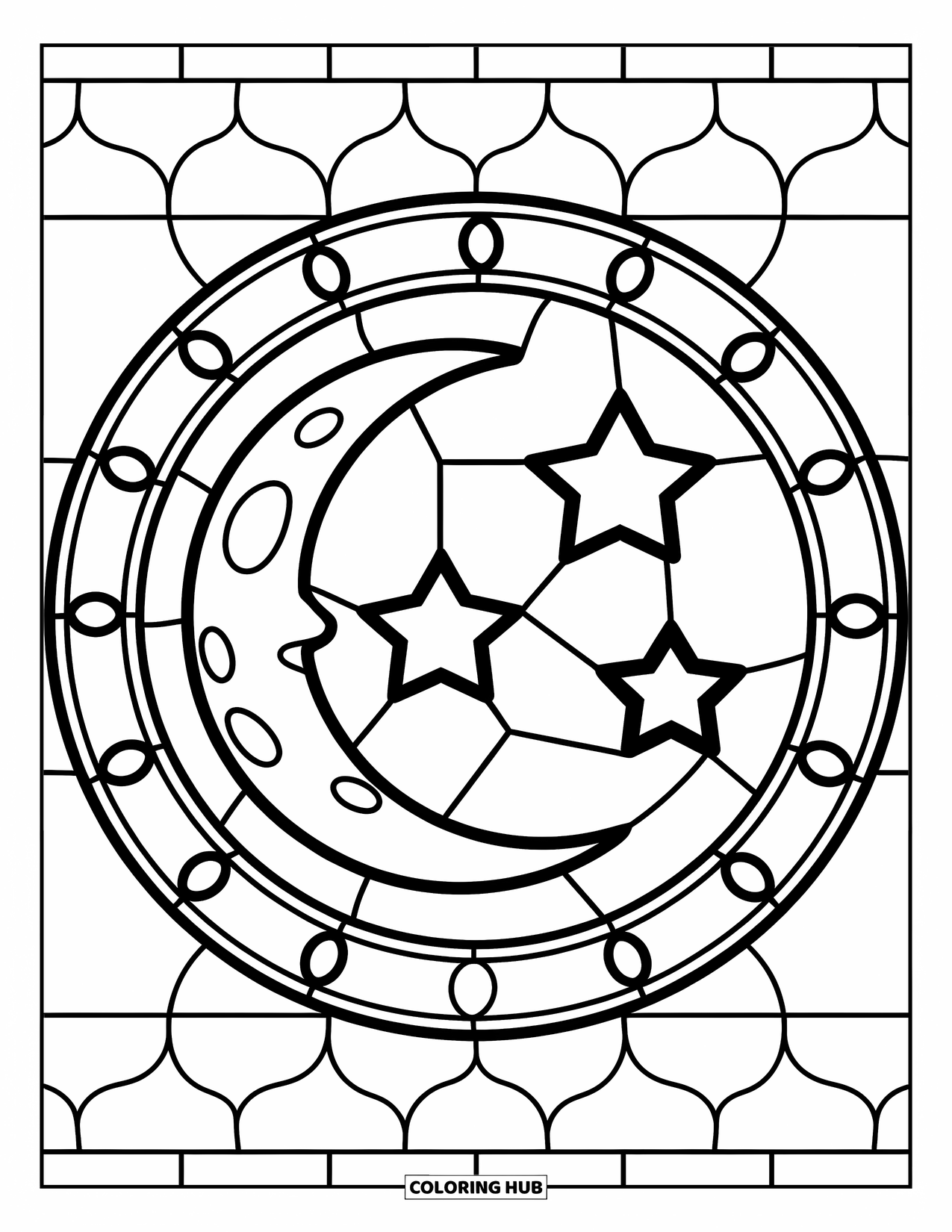 Buntglas Ausmalbild für Kinder: Funkelnder Buntglasmond und Sterne in einem einfach auszumalenden Rahmen