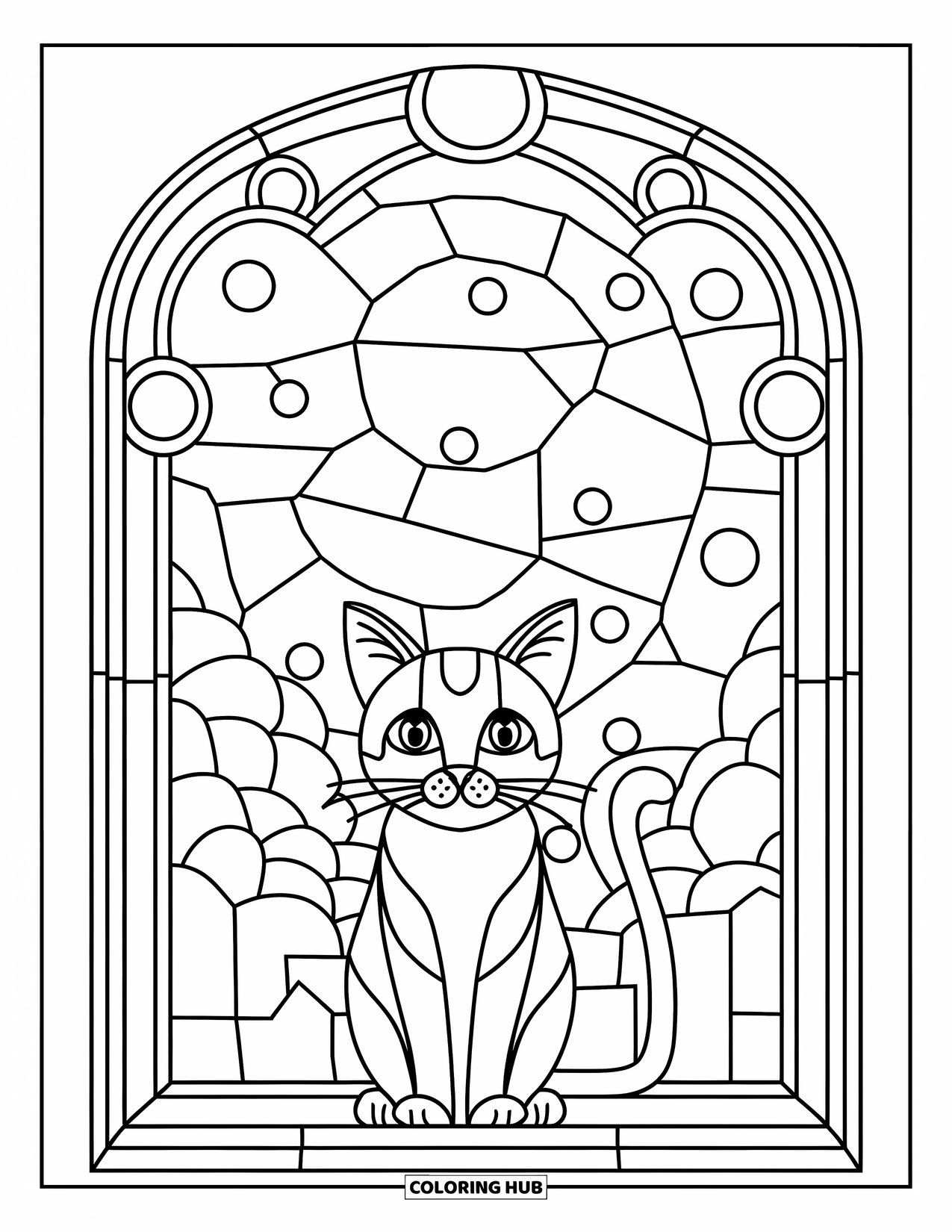 Buntglas Ausmalbild für Kinder: Buntglaskatze mit großen Augen an einem mondbeschienenen, gemusterten Fenster