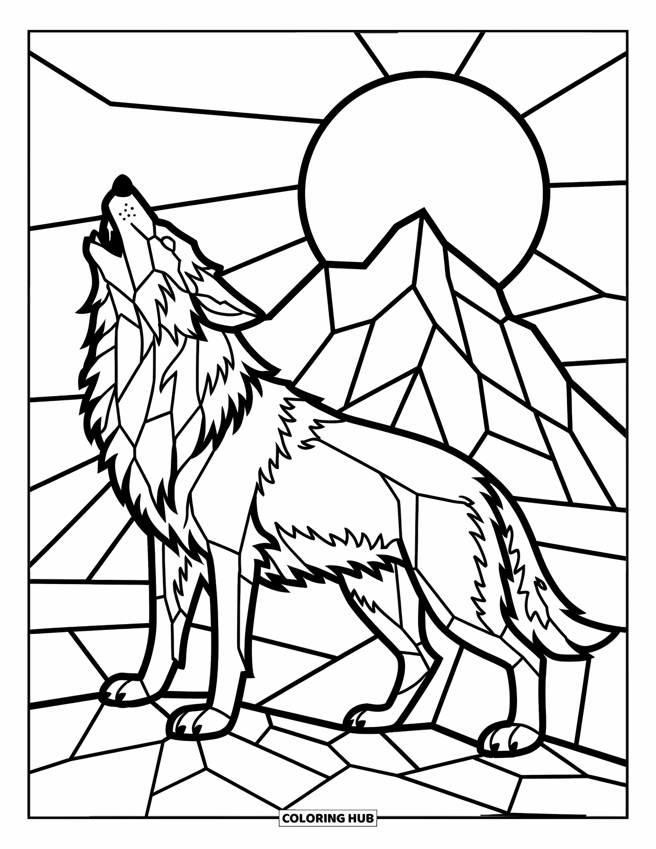 Buntglas Ausmalbild für Kinder: Wolf, der unter einem Buntglasmond auf felsigem Gelände heult