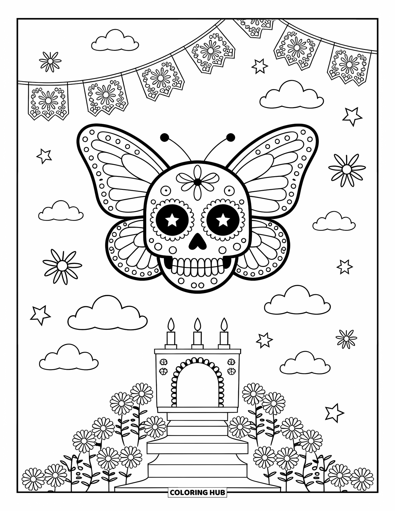 Desen de colorat cu craniu de zahăr pentru adulți: Un craniu cu aripi de fluture plutește printre papel picado și nori sclipitori