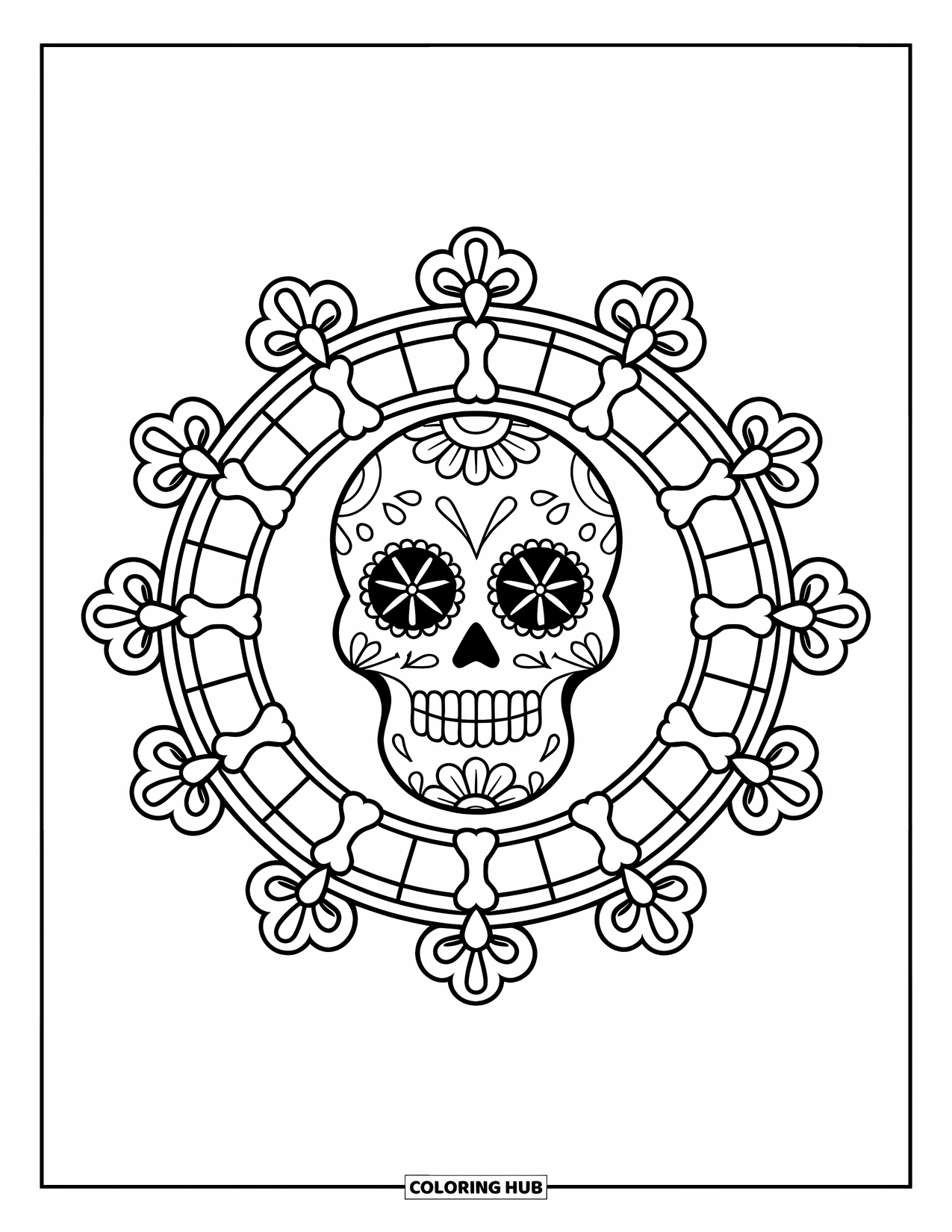 Desen de colorat cu craniu de zahăr pentru adulți: Un craniu vesel se odihnește în interiorul unei mandale de oase simetrice și desene florale