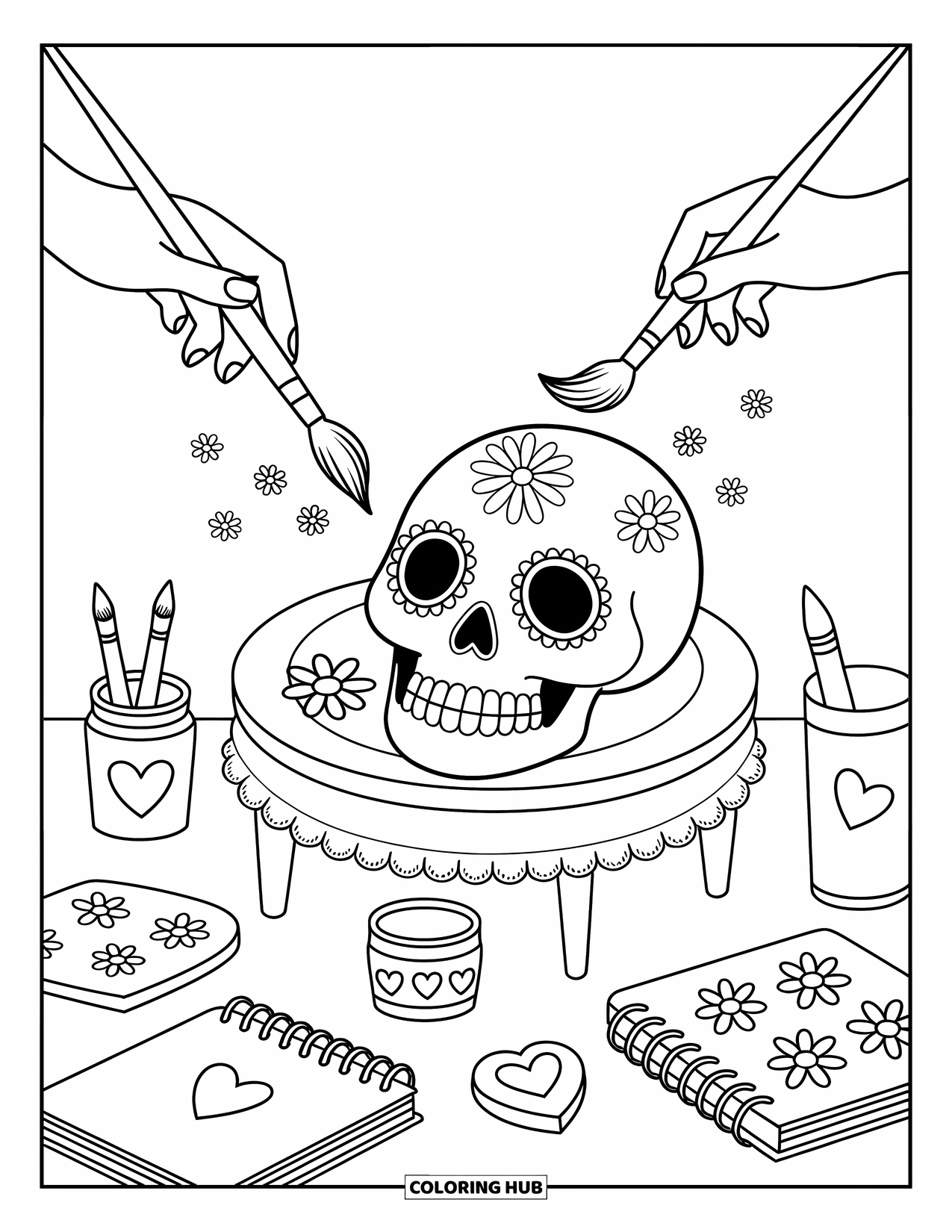 Desen de colorat cu craniu de zahăr pentru adulți: Un craniu de zahăr vesel este pictat de pensule plutitoare printre șabloane pline de inimioare