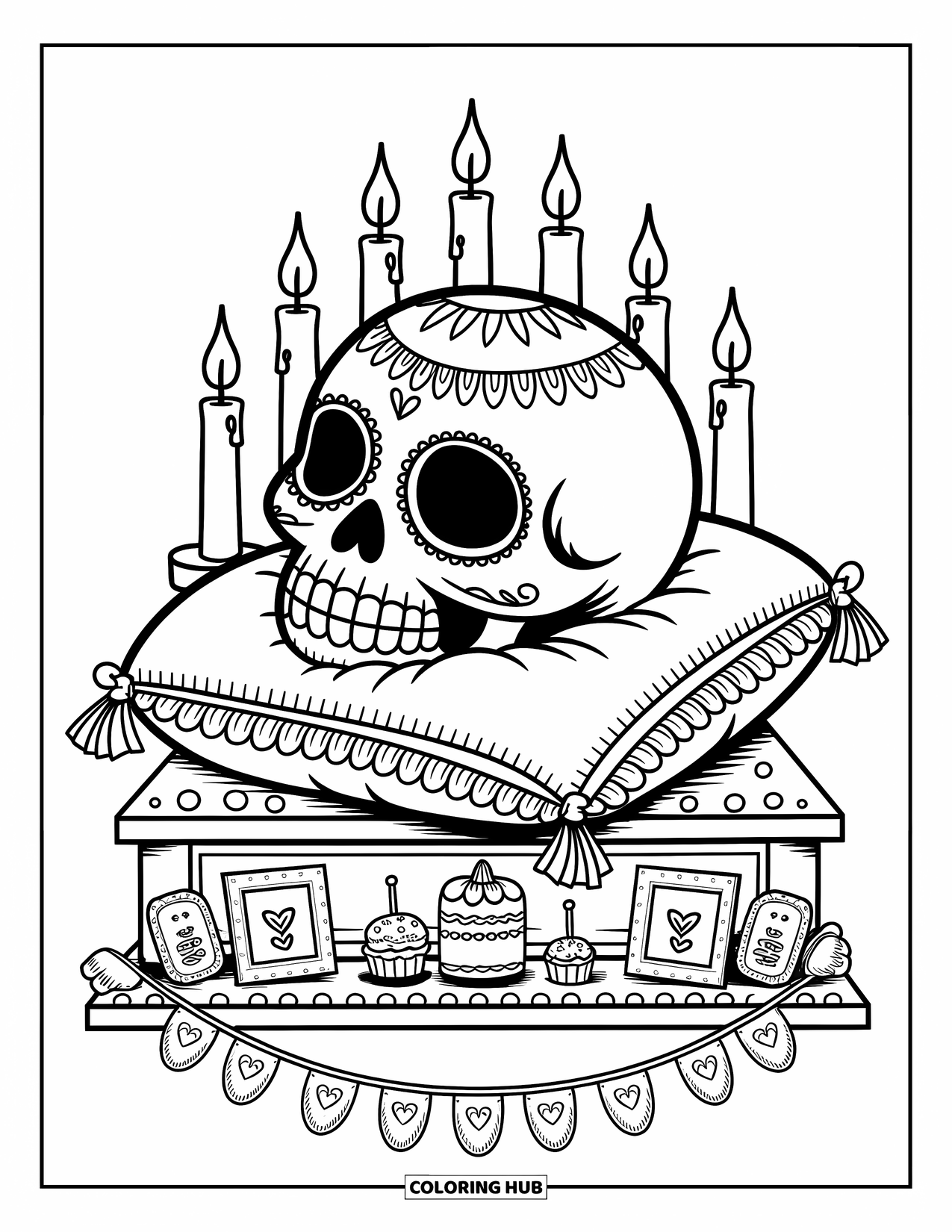 Desen de colorat cu craniu de zahăr pentru adulți: Un altar confortabil ține un craniu de zahăr cu pernă de pluș, cu lumânări și decorațiuni