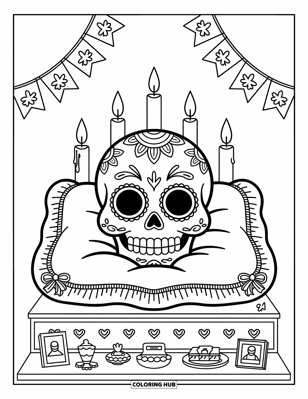 Desen de colorat cu craniu de zahăr pentru adulți: Un craniu de zahăr prietenos se odihnește pe o pernă sub lumânări strălucitoare și mini bannere