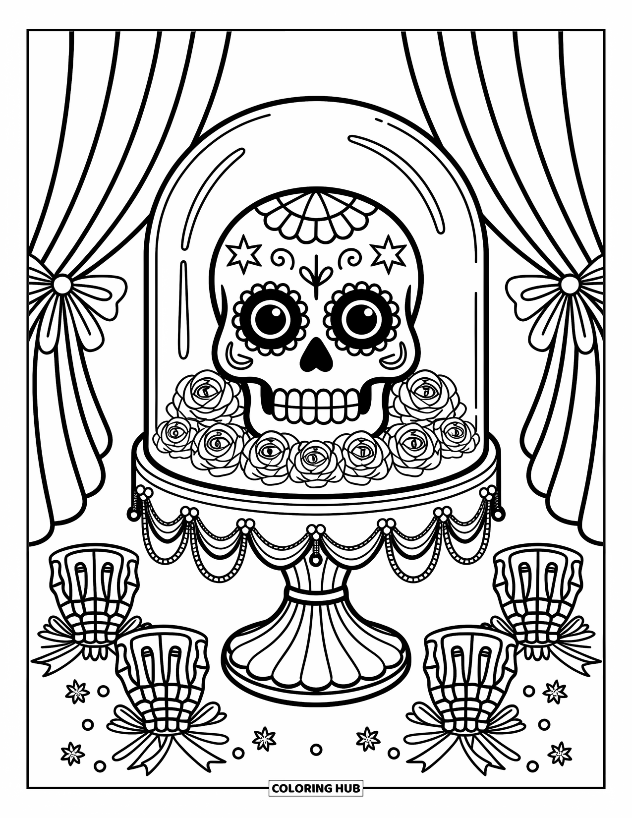 Desen de colorat cu craniu de zahăr pentru adulți: Un craniu kawaii stă sub o cupolă de sticlă cu trandafiri, lumânări și perdele moi