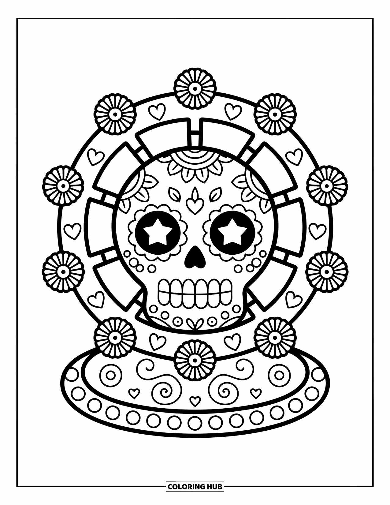 Desen de colorat cu craniu de zahăr pentru adulți: Un craniu de zahăr kawaii se odihnește pe o roată cu simboluri mici, cum ar fi gălbenele și inimioare