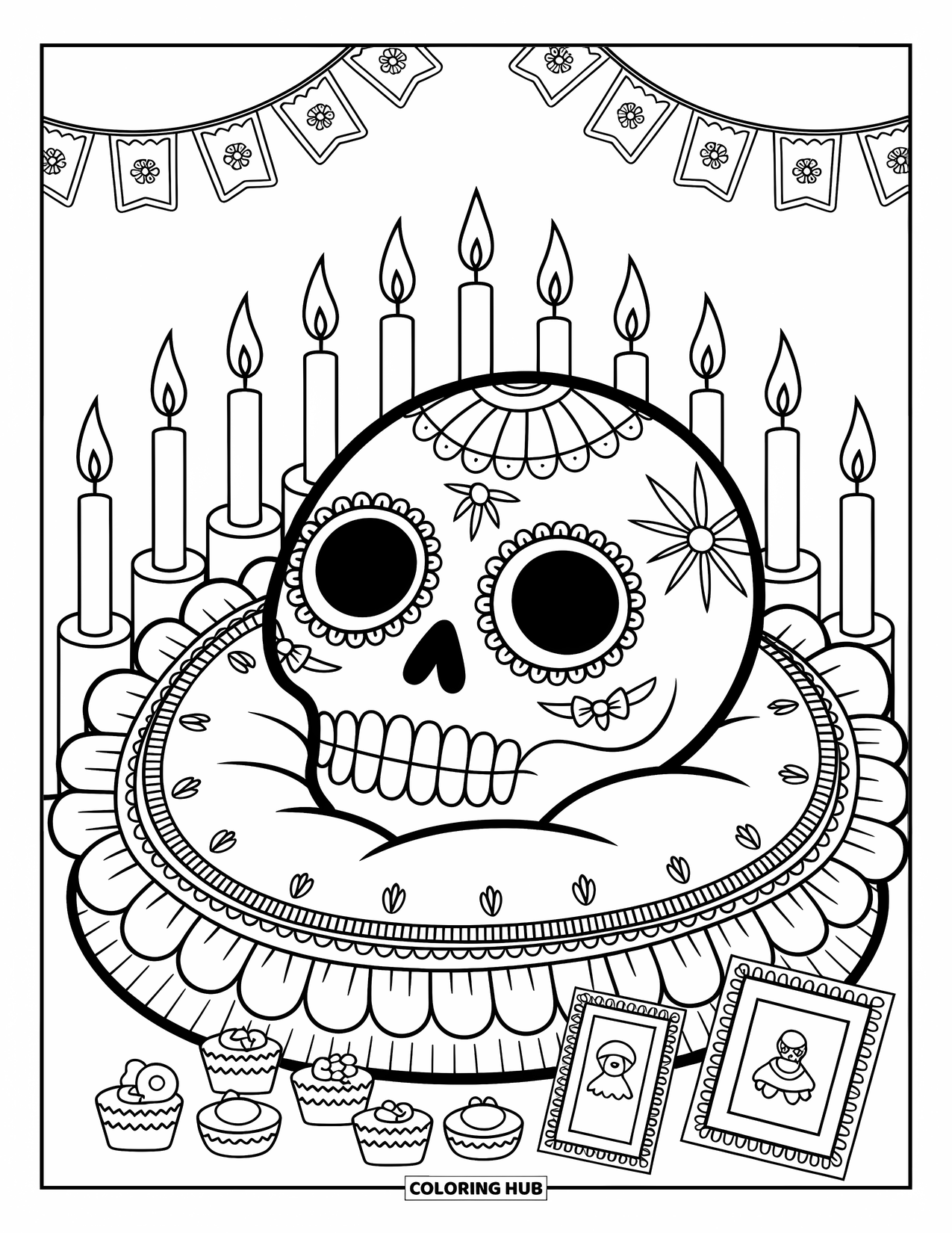 Desen de colorat cu craniu de zahăr pentru adulți: Un craniu mare de zahăr se află pe o pernă de pluș, înconjurat de lumânări și papel picado
