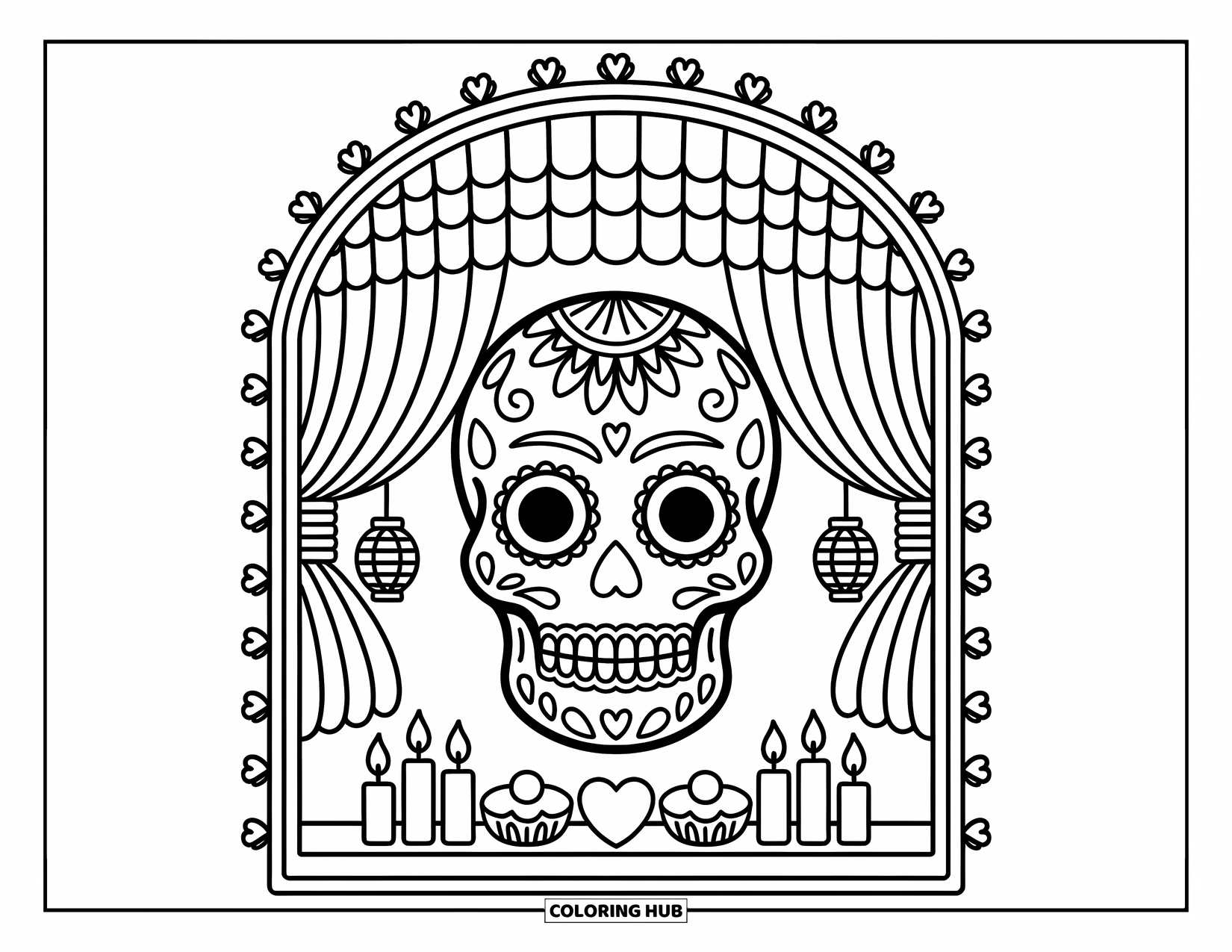Desen de colorat cu craniu de zahăr pentru adulți: Un craniu mare de zahăr se odihnește într-o fereastră cu lumânări, dulciuri și sculpturi de flori