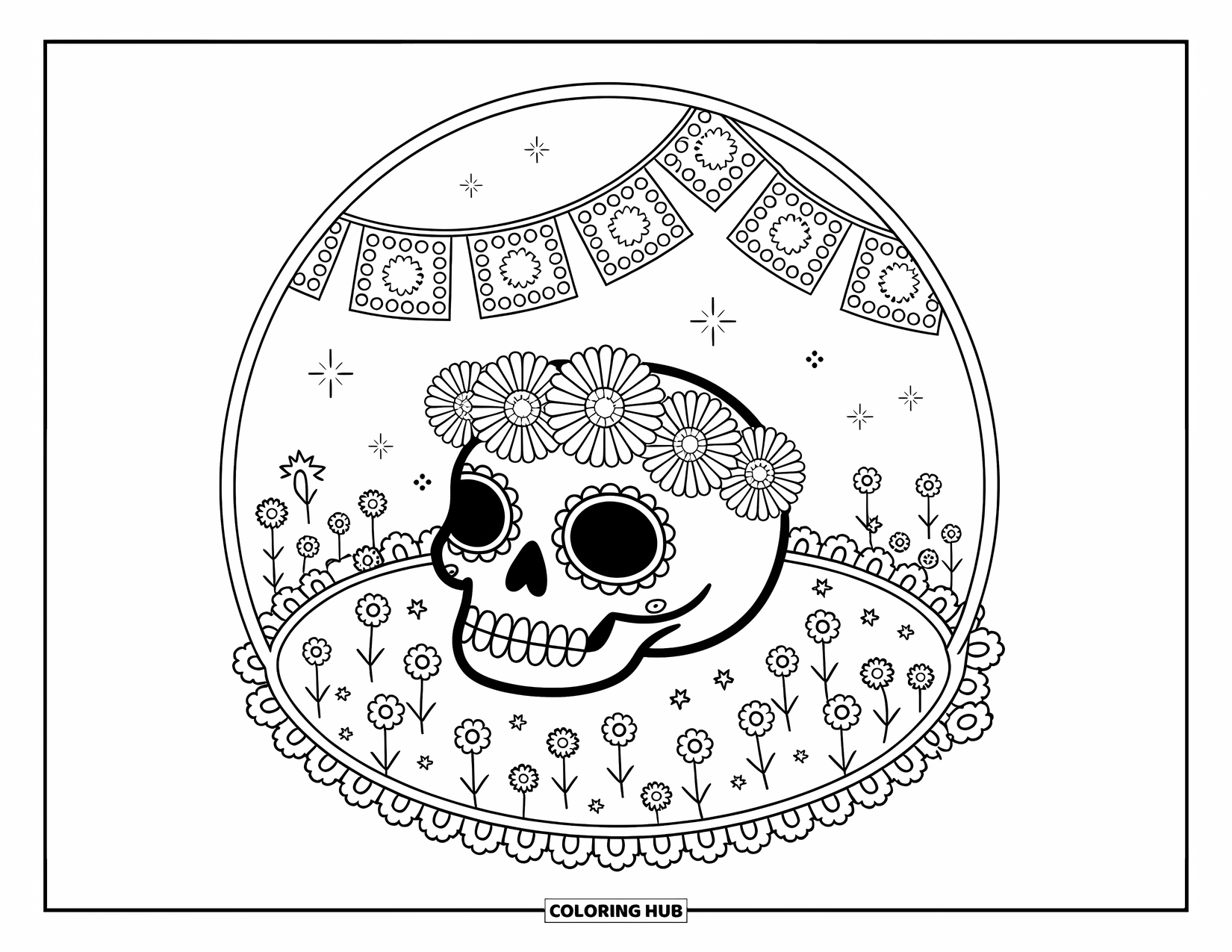 Desen de colorat cu craniu de zahăr pentru adulți: Un craniu de zahăr pașnic se odihnește într-o grădină de gălbenele, cu stele, viță de vie și bannere