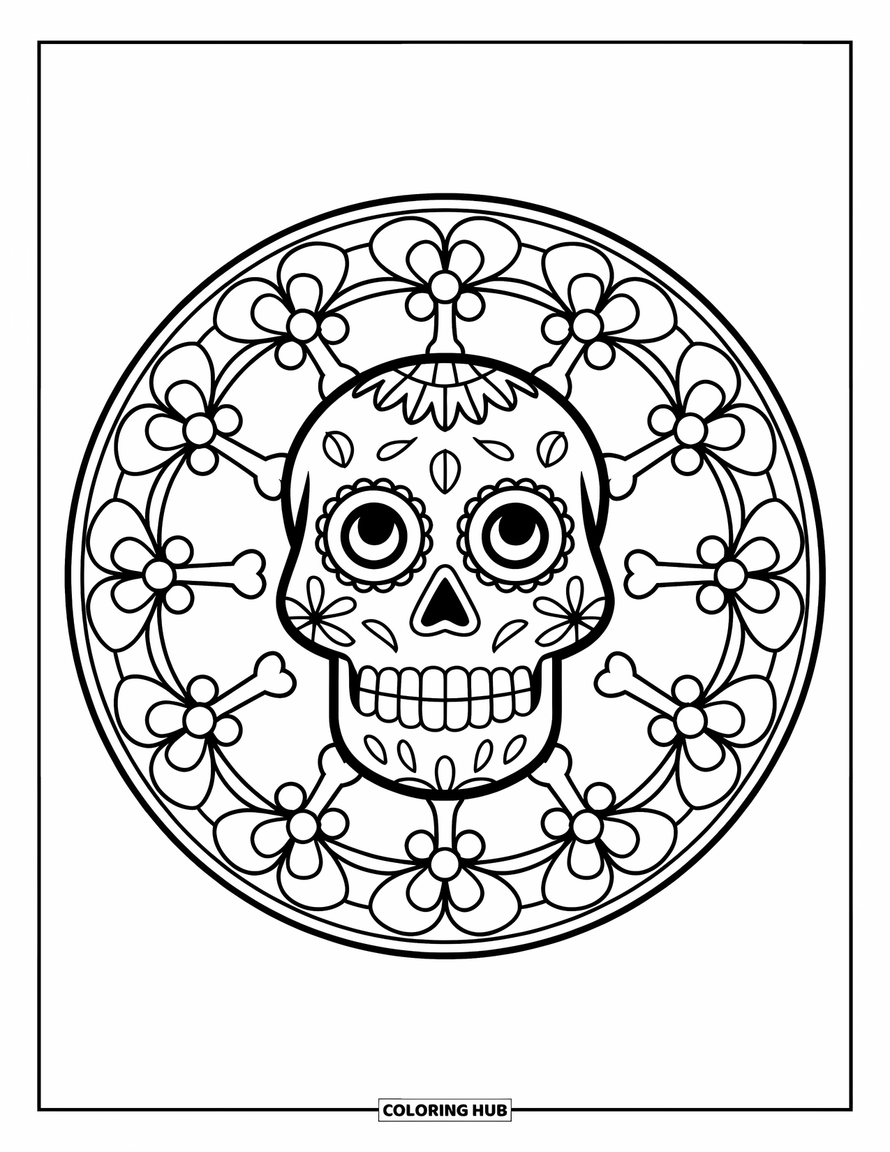 Desen de colorat cu craniu de zahăr pentru adulți: Un craniu zâmbitor este înconjurat de oase și flori care se repetă într-o mandala rotundă