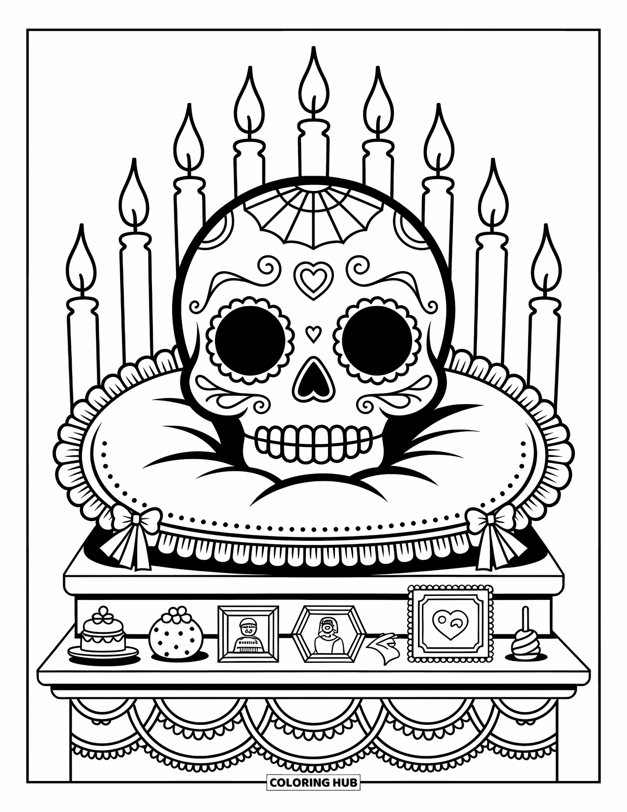 Desen de colorat cu craniu de zahăr pentru adulți: Un craniu zâmbitor stă pe o pernă cu volane, cu dulciuri și ofrande foto în apropiere