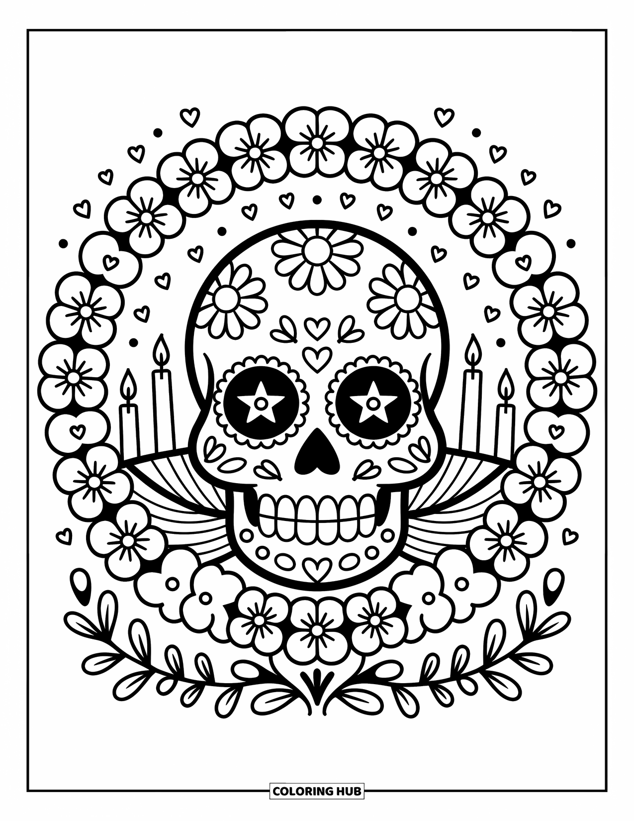 Desen de colorat cu craniu de zahăr pentru adulți: Un craniu de zahăr zâmbitor stă într-un cadru de flori cu stele și lumânări mici plutitoare