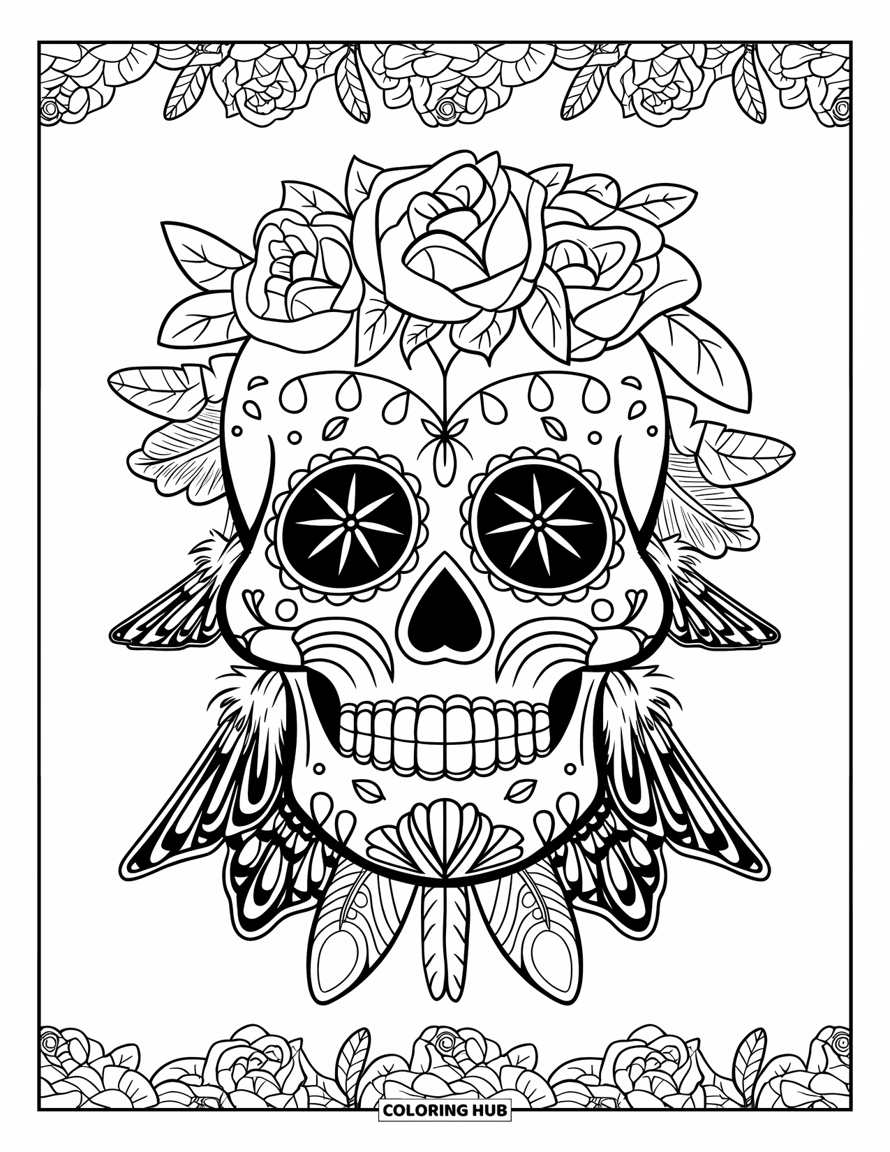 Desen de colorat cu craniu de zahăr pentru adulți: Un craniu de zahăr decorat cu trandafiri, pene și aripi de fluture prezintă detalii îndrăznețe