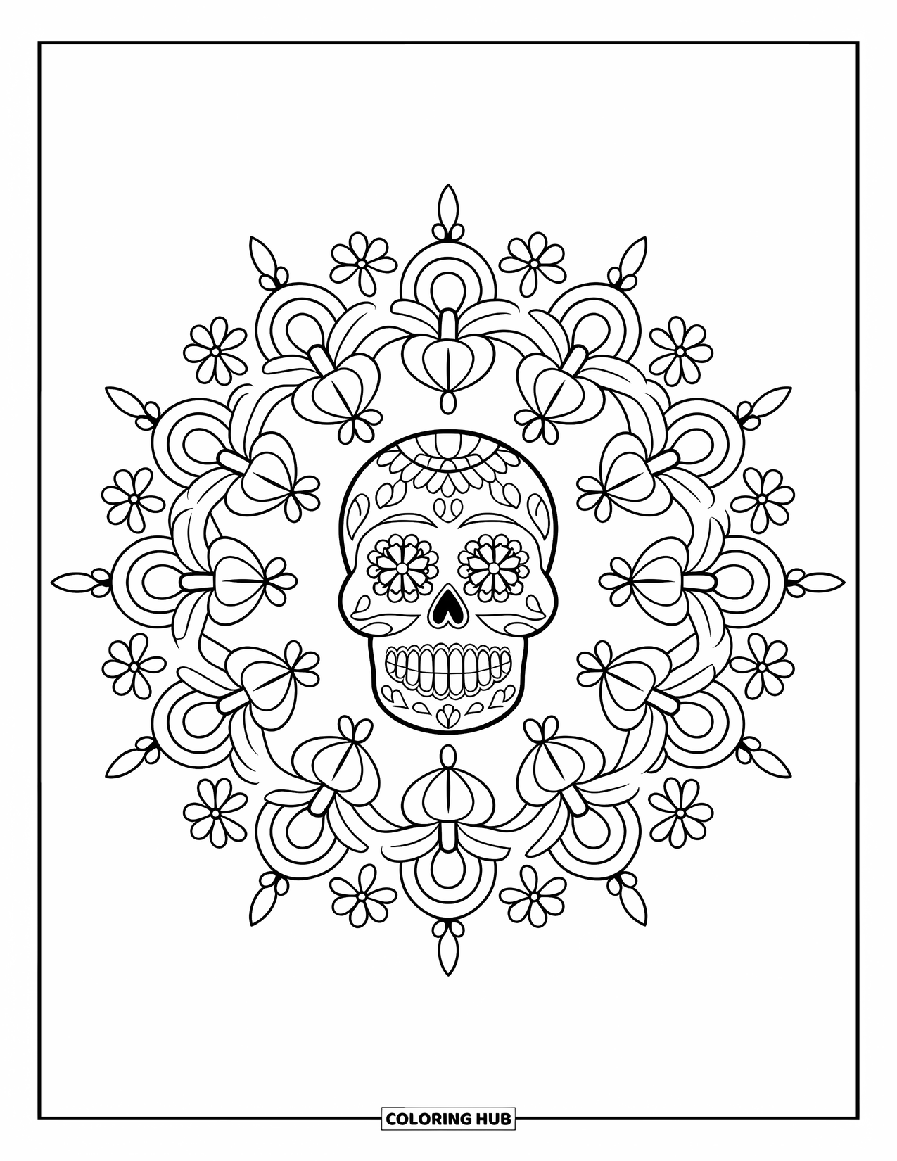 Desen de colorat cu craniu de zahăr pentru adulți: Un craniu de zahăr strălucește în inima florilor și petalelor care se învârt