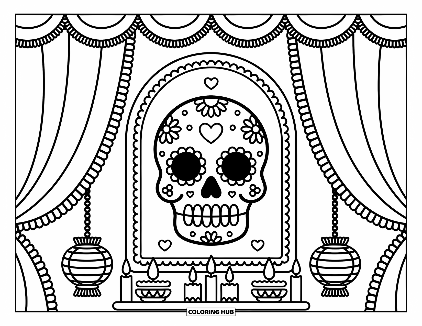 Desen de colorat cu craniu de zahăr pentru adulți: Un craniu de zahăr strălucește într-o fereastră confortabilă, înconjurat de perdele, felinare și inimioare mici