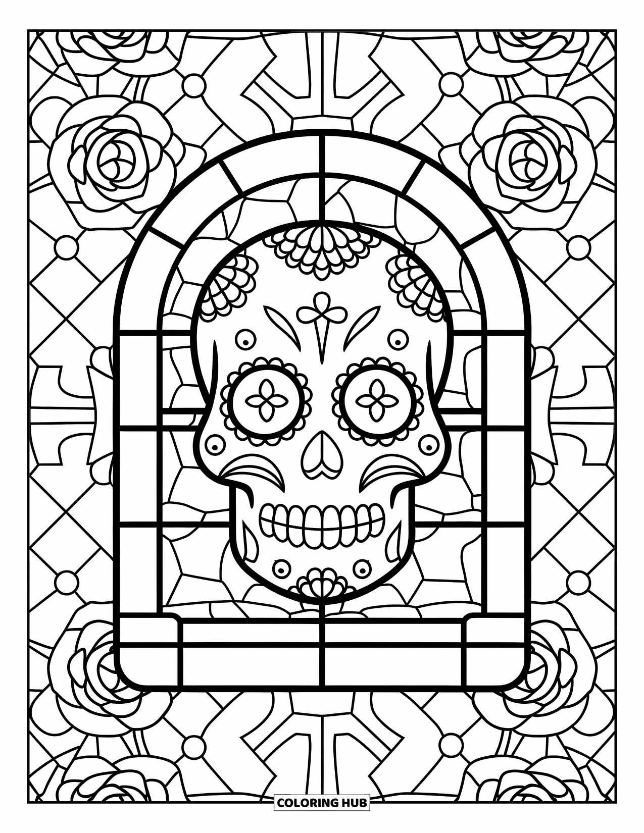 Desen de colorat cu craniu de zahăr pentru adulți: Un craniu de zahăr este încadrat în trandafiri și cruci îndrăznețe din vitralii