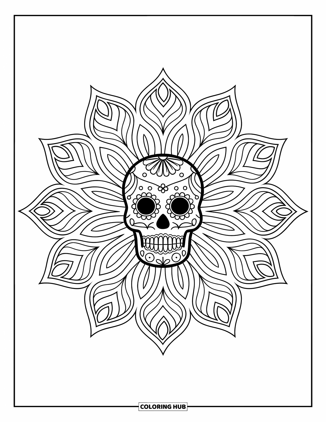 Desen de colorat cu craniu de zahăr pentru adulți: Un craniu de zahăr se află în centrul unei explozii stelare ca o floare, cu contururi îndrăznețe