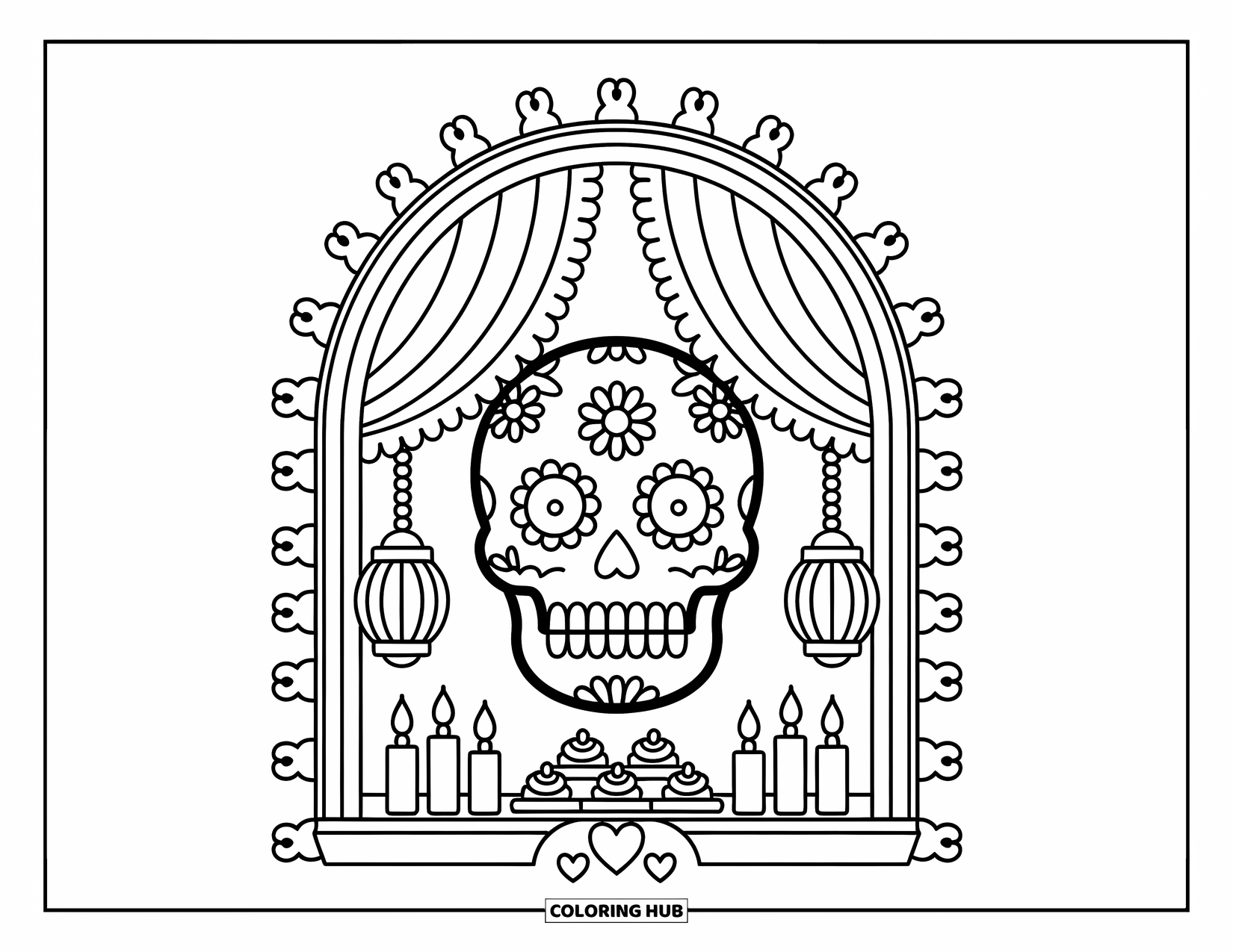 Desen de colorat cu craniu de zahăr pentru adulți: Un craniu de zahăr se odihnește într-o fereastră fermecătoare, cu dulciuri și felinare moi atârnate